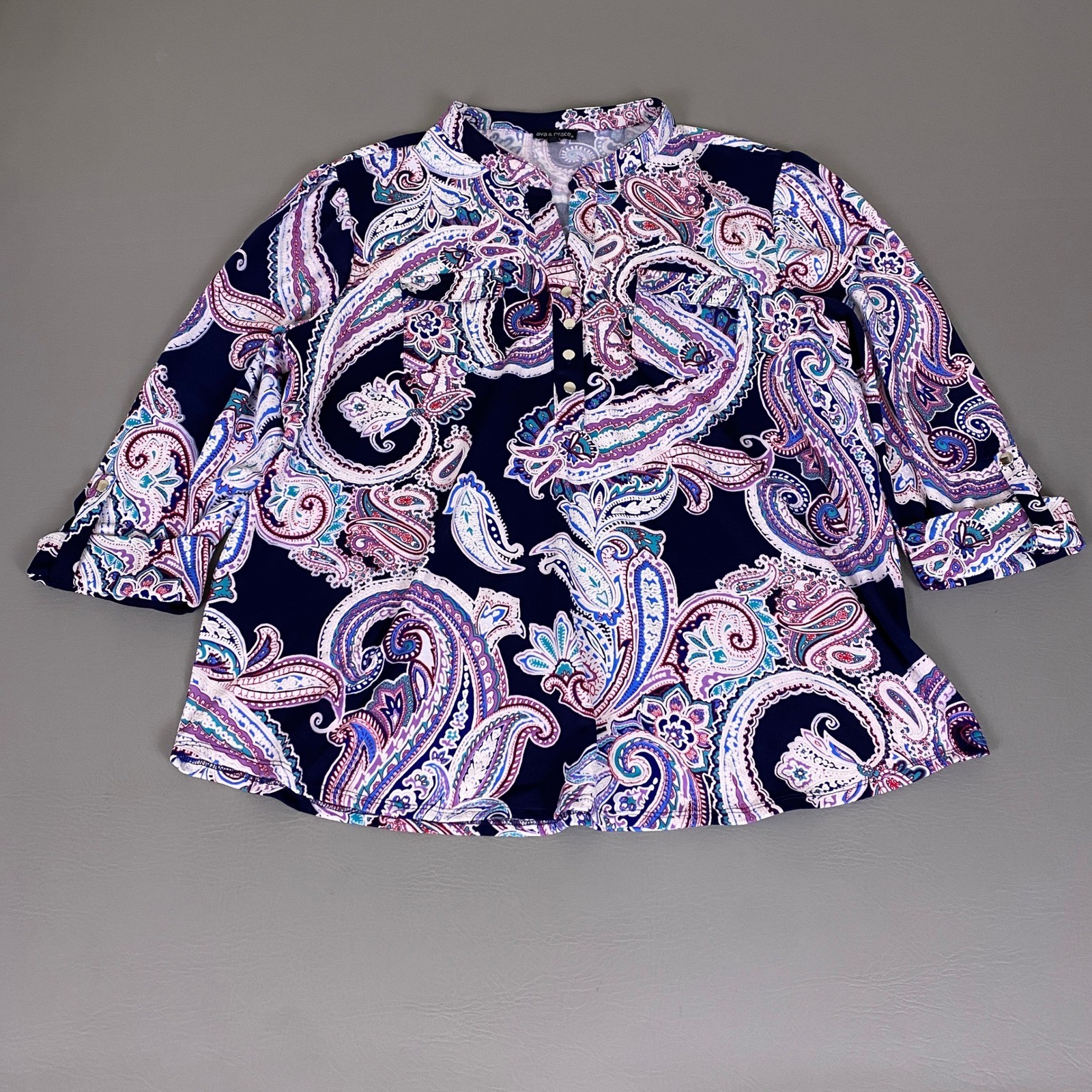 Ava & Grace Blouse Tunic Women’s XL Navy Blue Paisley 3/4 Roll Tab Sleeve Henley