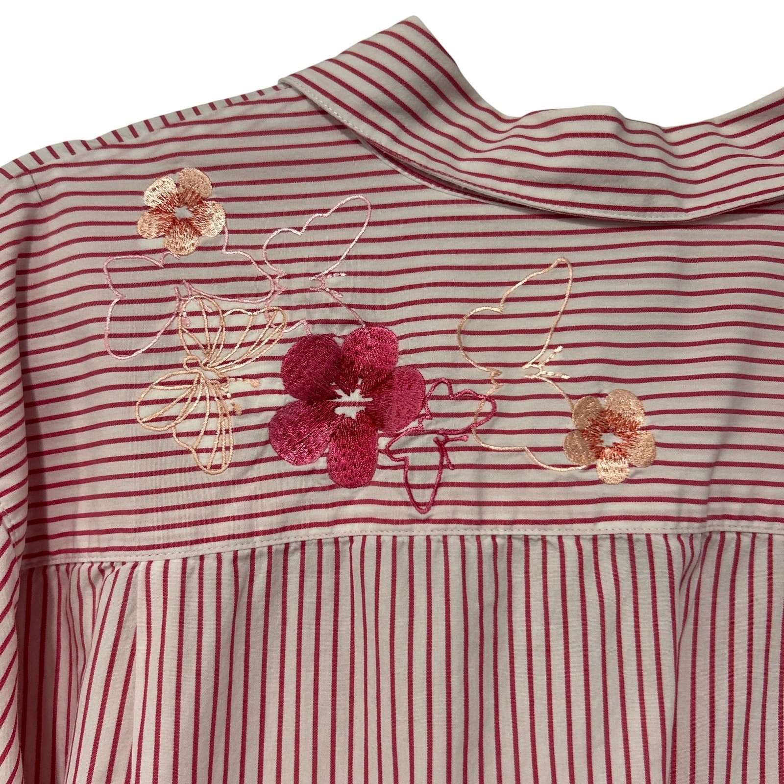 Embroidered Floral Butterfly Stripe Button Shirt Cottage Artsy Pink XL Bechamel