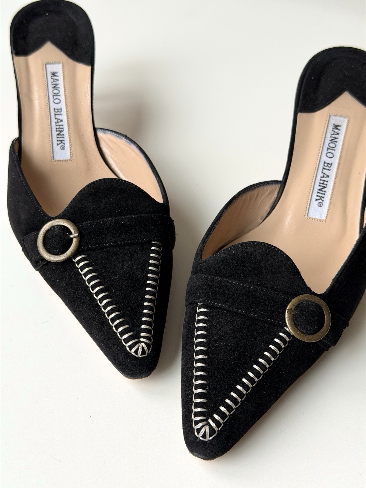 Manolo Blahnik vintage black suede mules, IT 38, ~ US 7.5-8, kitten heel: 2”