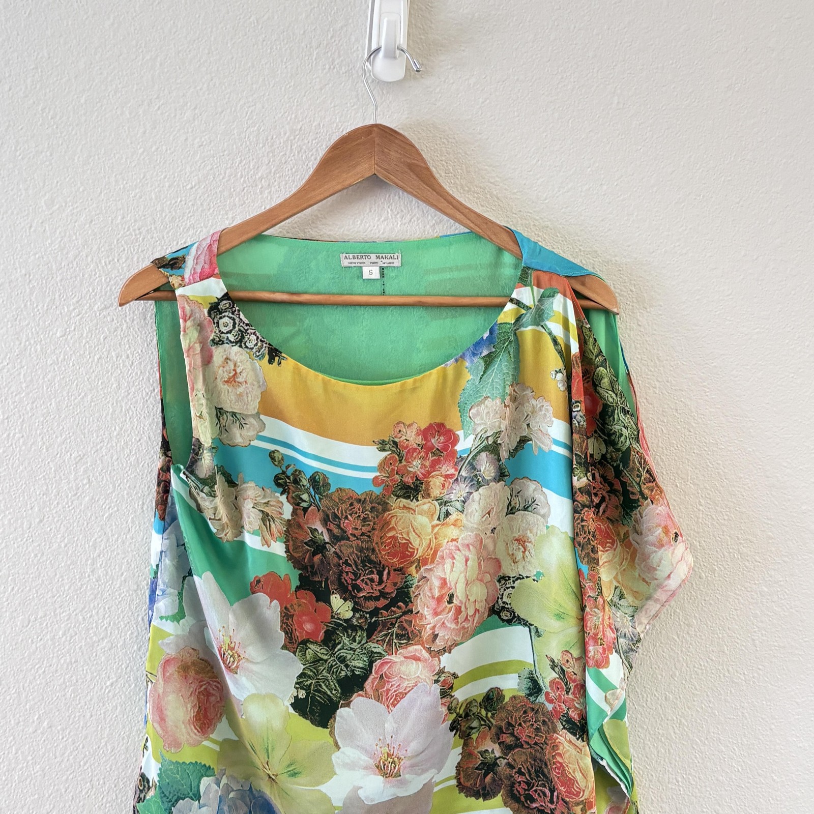 Alberto Makali Mixed Media Sheath Tunic Top Womens S Asymmetric Layered Floral