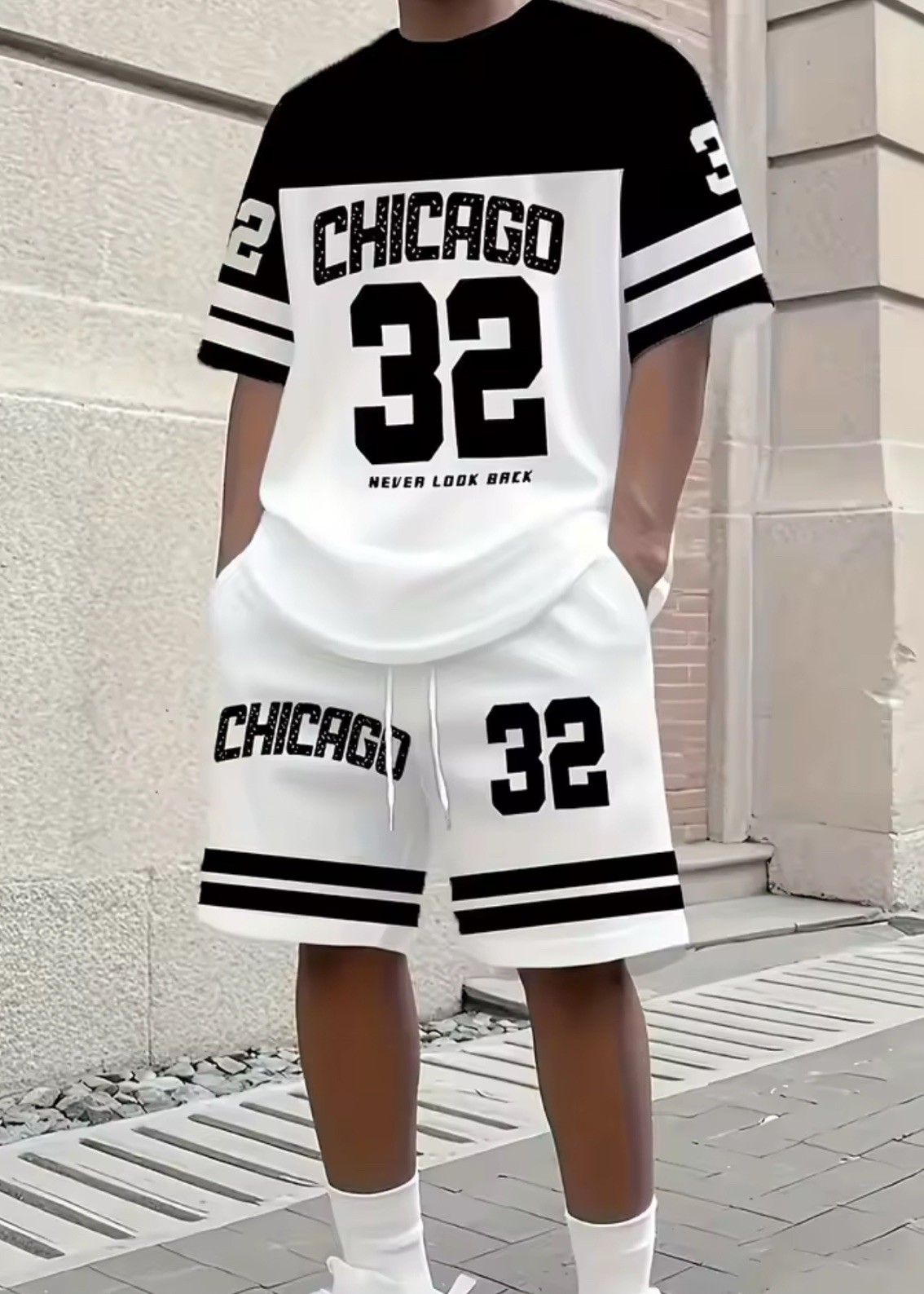Men’s Chicago 32 Graphic 2-Piece Mesh Polyester T-Shirt & Shorts Set Black/White