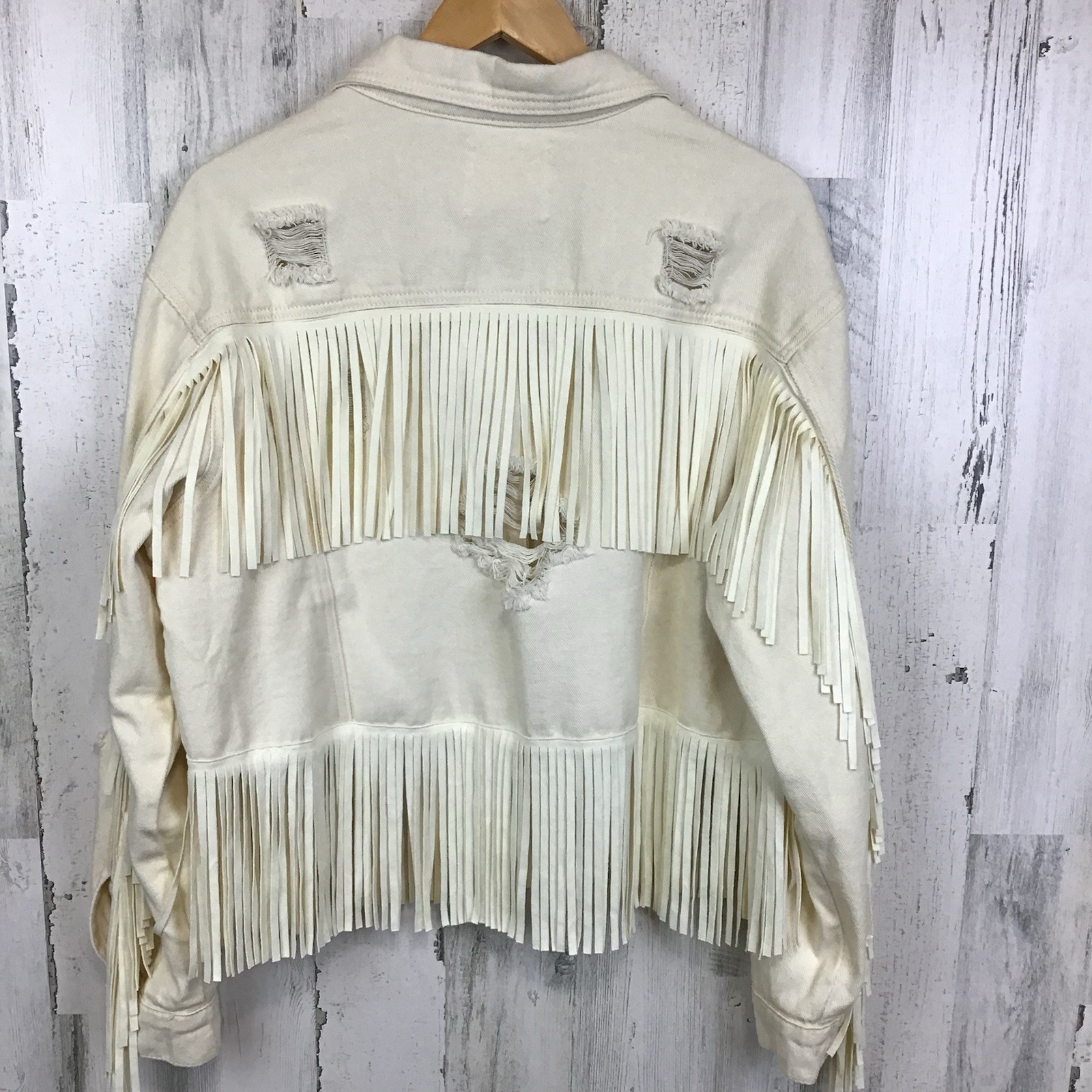 Fantastic Fawn Denim Jacket Distressed Fringe Western Cowgirl Festival Crop