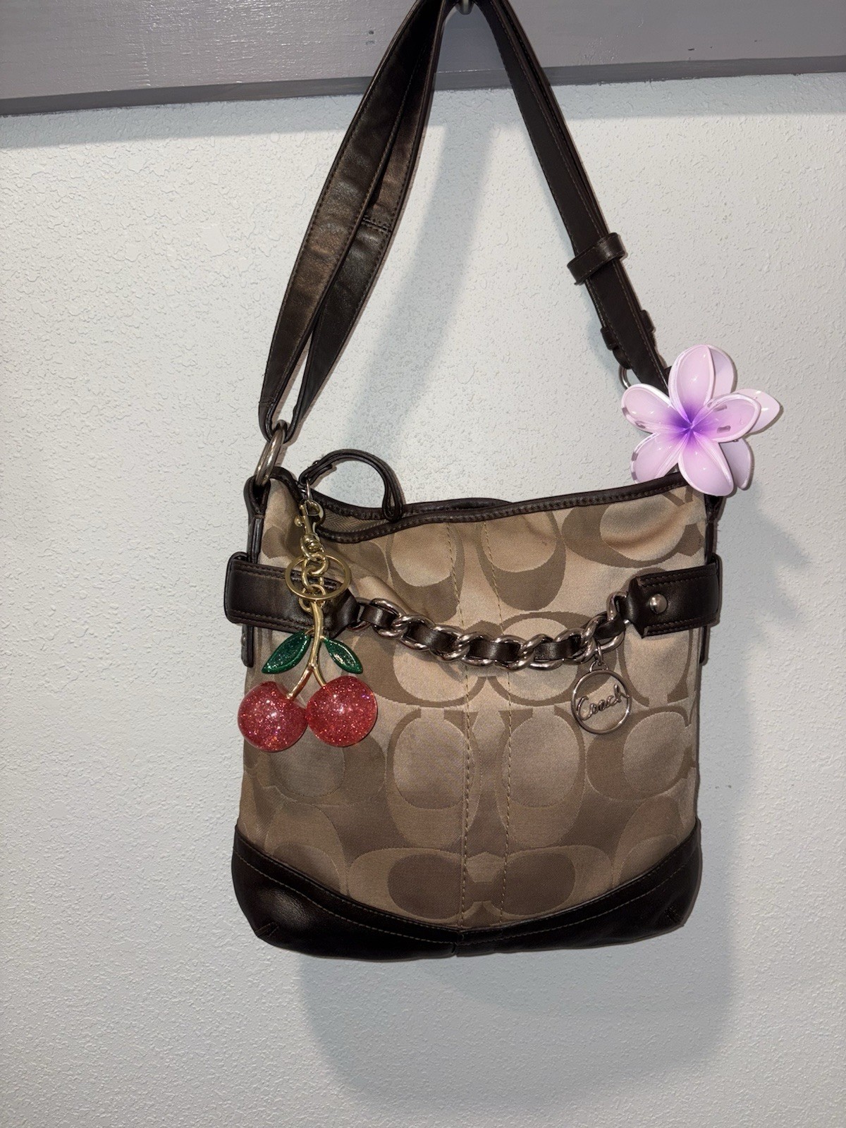 Coach Signature Beige/Brown Shoulder Bag Zip Chain Cherry Charm Adjustable Strap