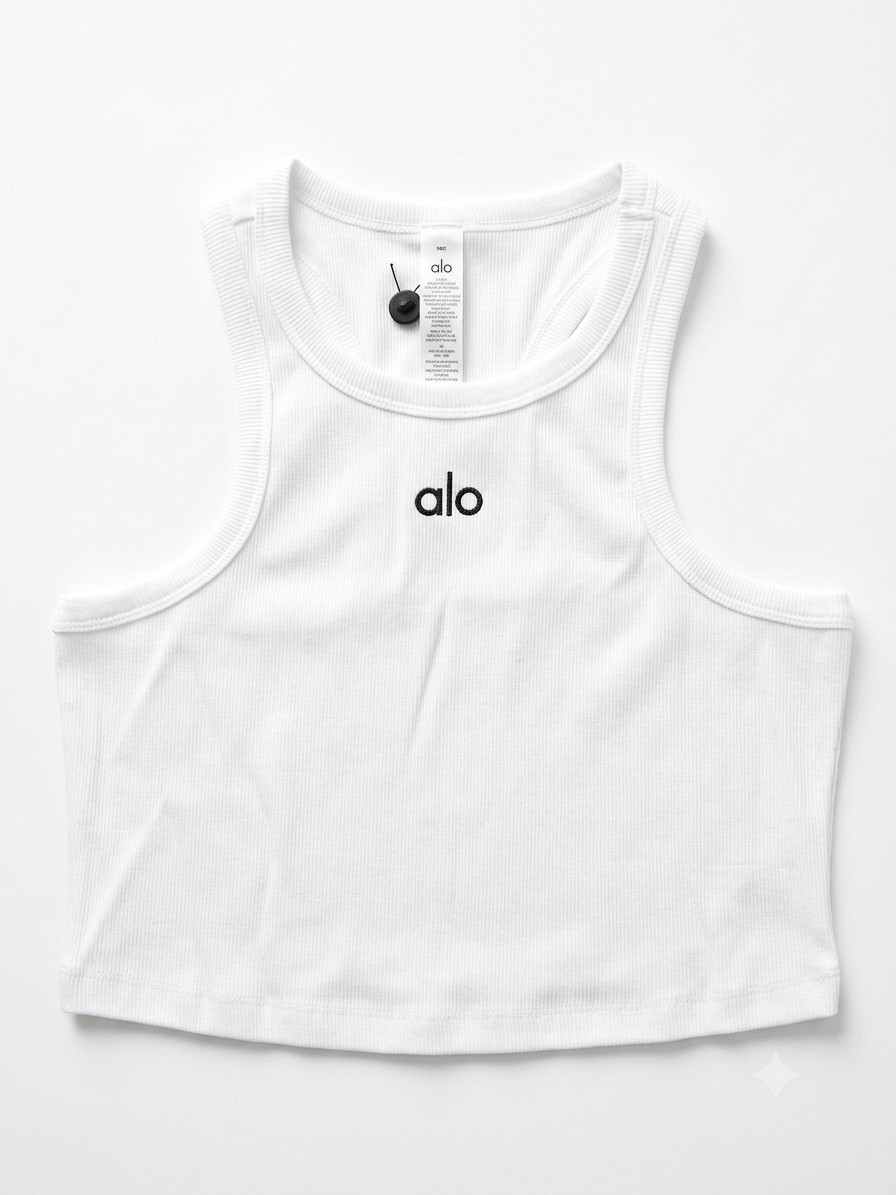 ALO Women’s White Ribbed Cotton Logo Tank Top Slim Fit Stretch Wide Strap-Large
