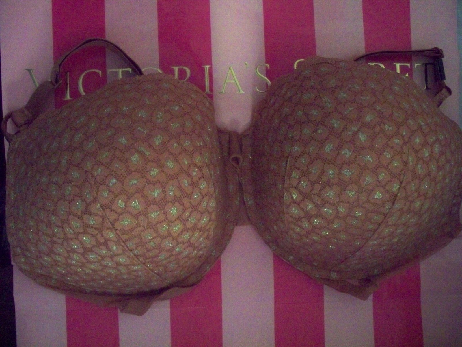38D Carmel Gold SHINE Lace Mesh Extreme Lift Victorias Secret Plunge PU UW Bra