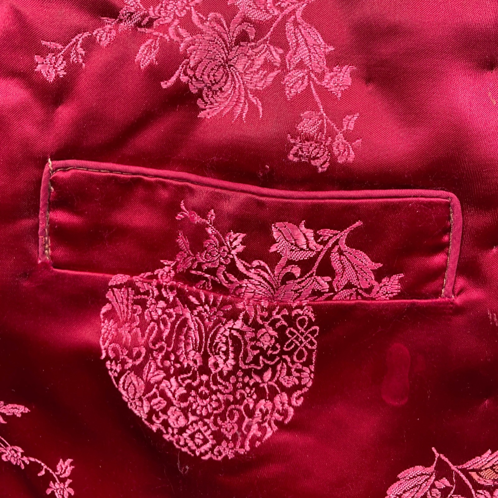 Chong Shin Brocade Jacket Red Silk Blend Mandarin Collar Dragon Floral Pattern