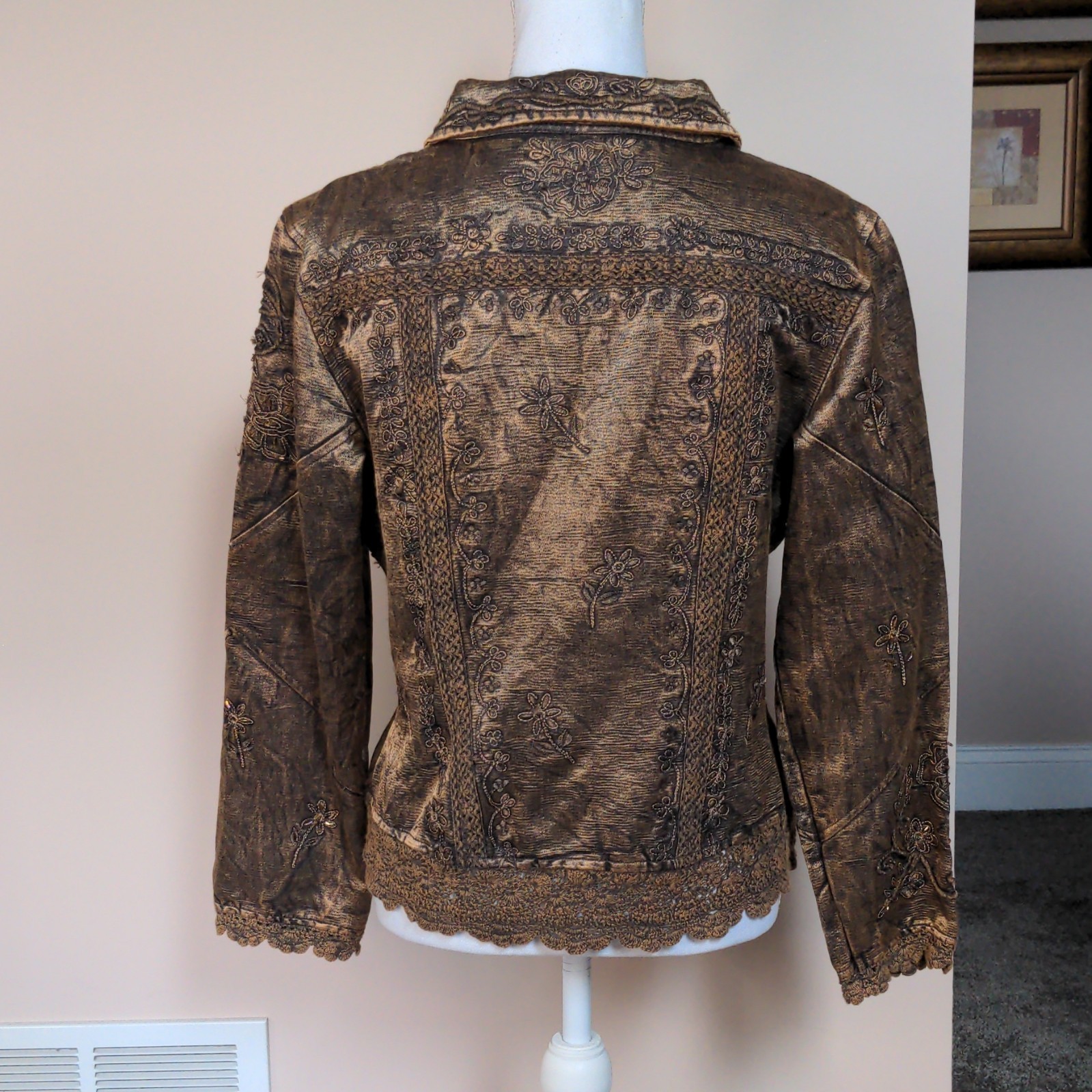 Flashback Women’s Brown Floral Embroidered Button-Front Pocket Jacket Long M