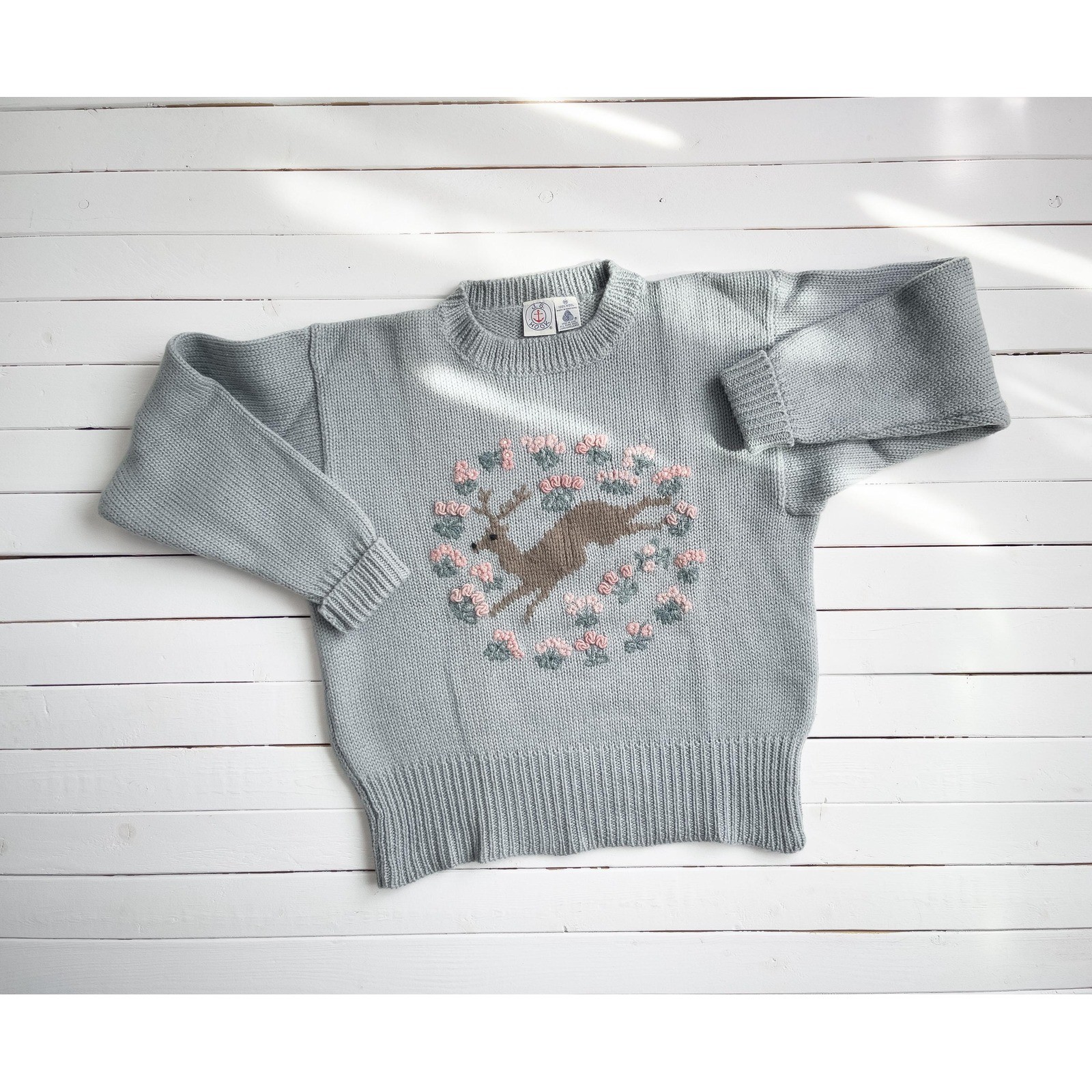 vtg JG Hook blue gray wool deer stag floral embroidered sweater M