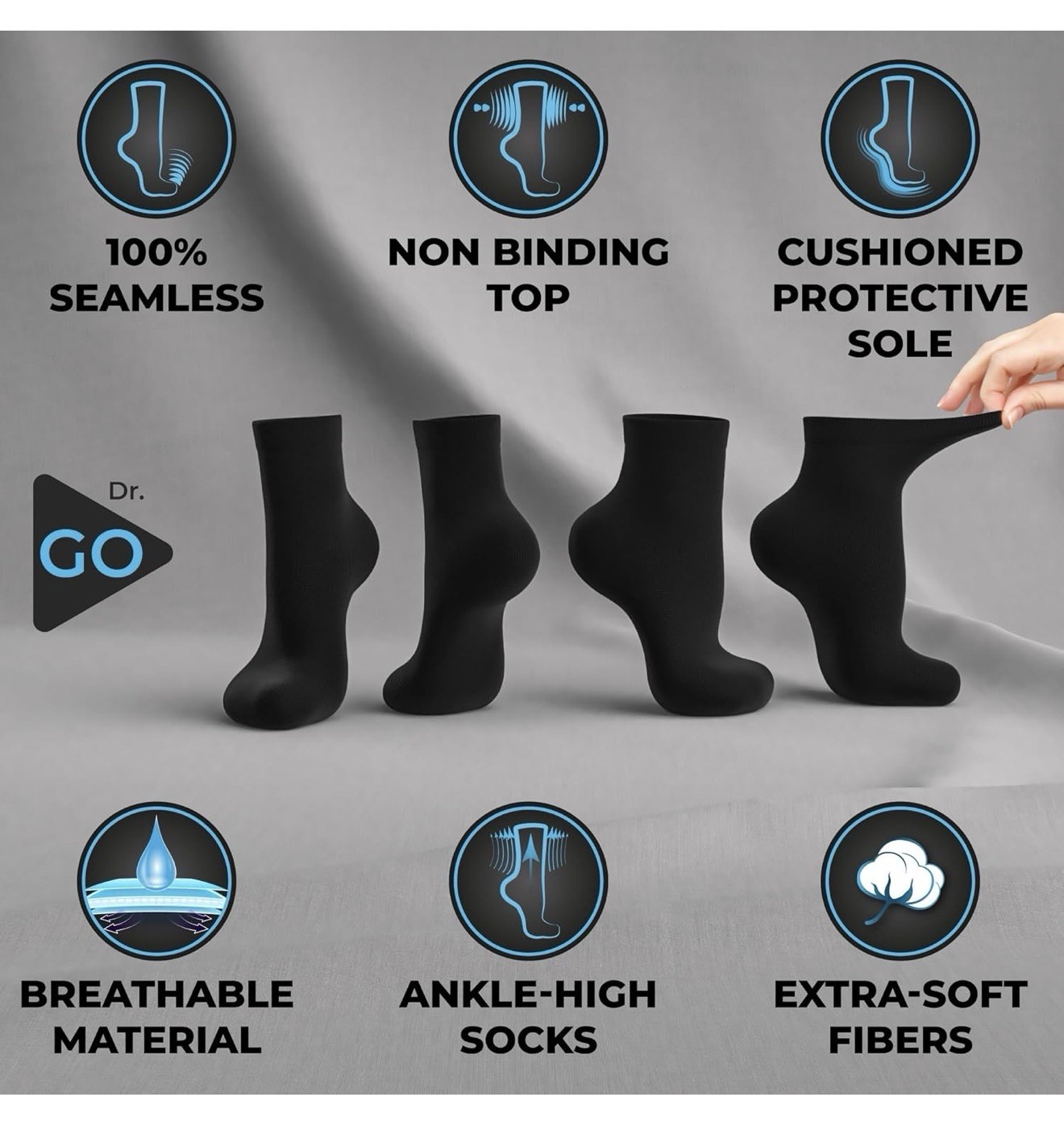 Dr Go Neuropathy Diabetic Socks Black Crew Size Seamless Non Binding 4 Pairs