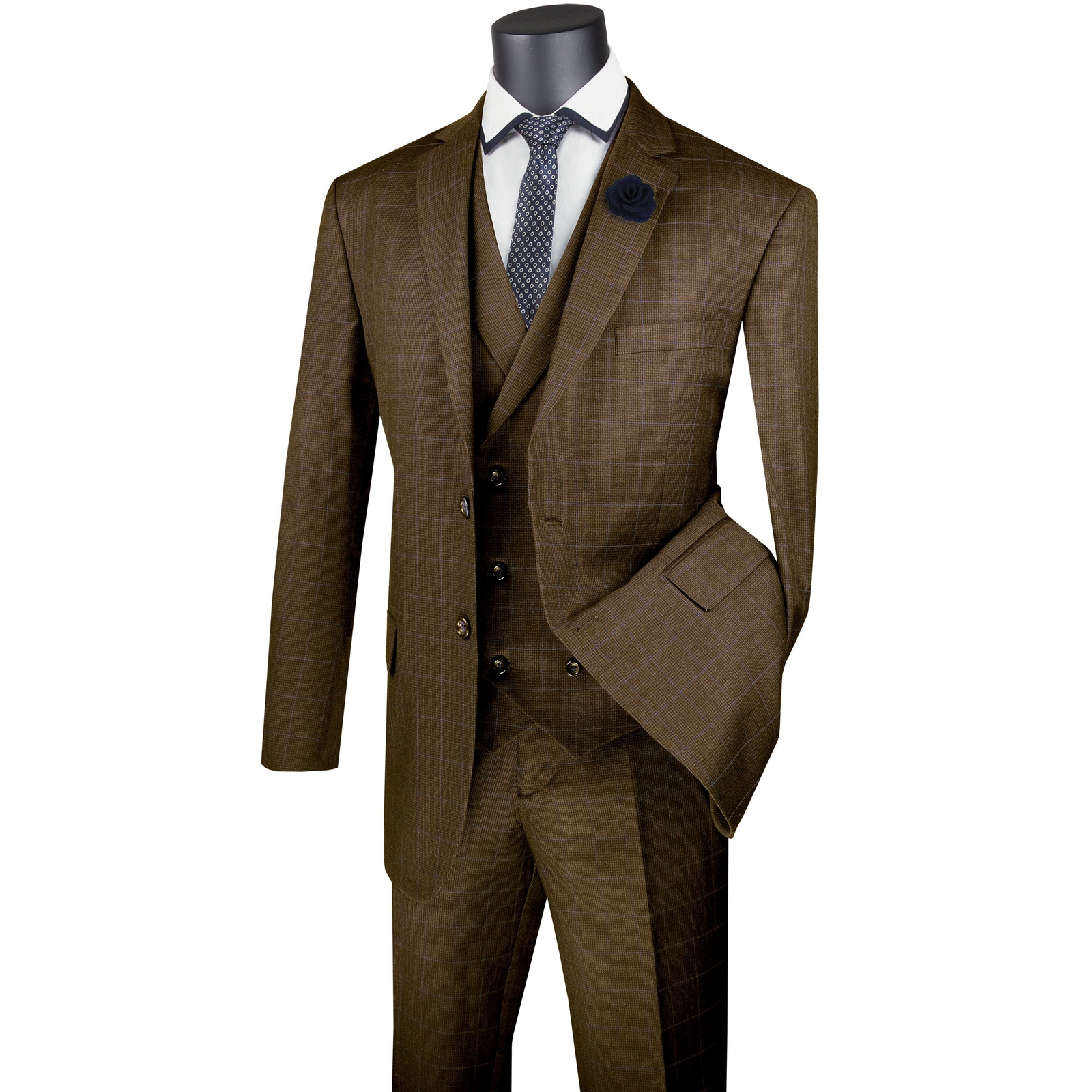 VINCI Men’s Taupe Brown Glen Plaid 3 Piece 2 Button Classic Fit Suit NEW