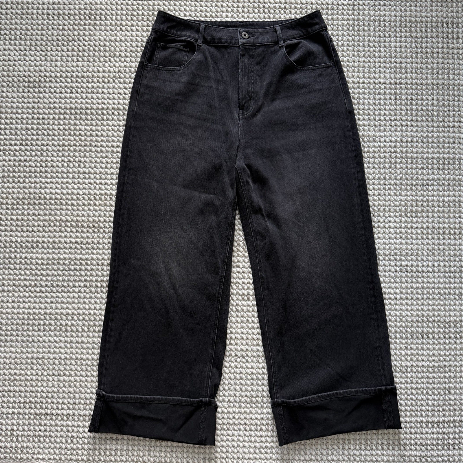 Halara Flex High Waisted Pockets Rolled Hem Wide Leg Black Washed Jeans Large