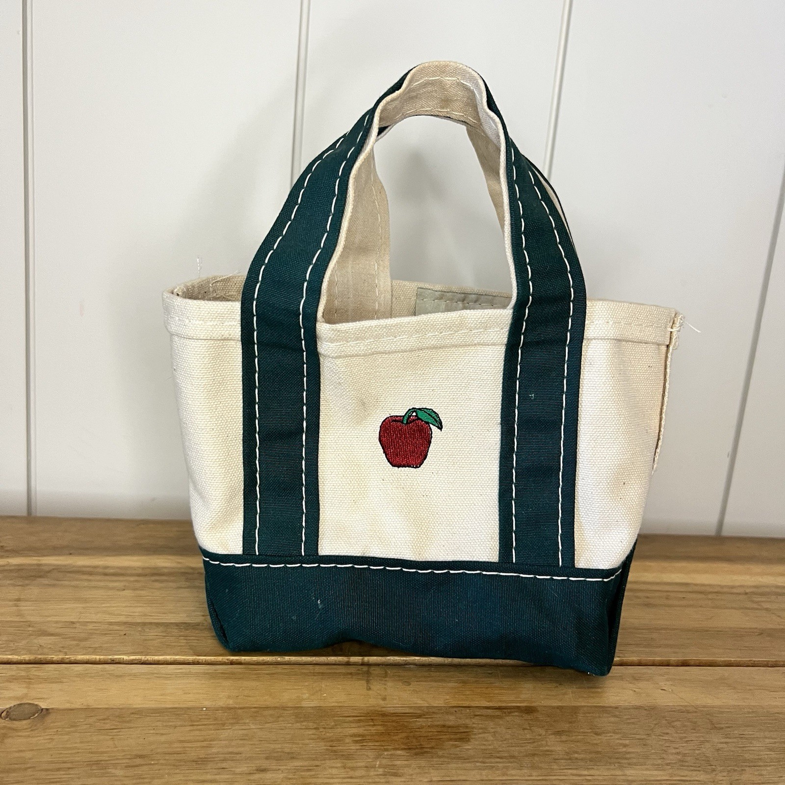 LL Bean Vintage Canvas Mini Boat and Tote Bag Green Embroidered Apple