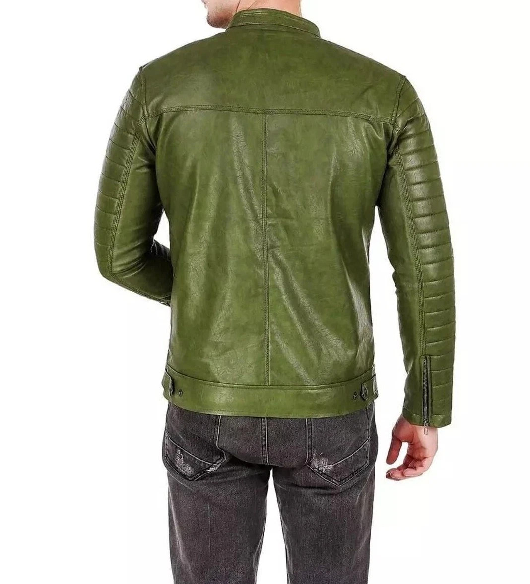 Men’s Olive Green Genuine Lambskin Leather Cafe Racer Quilted Jacket Casual Coat