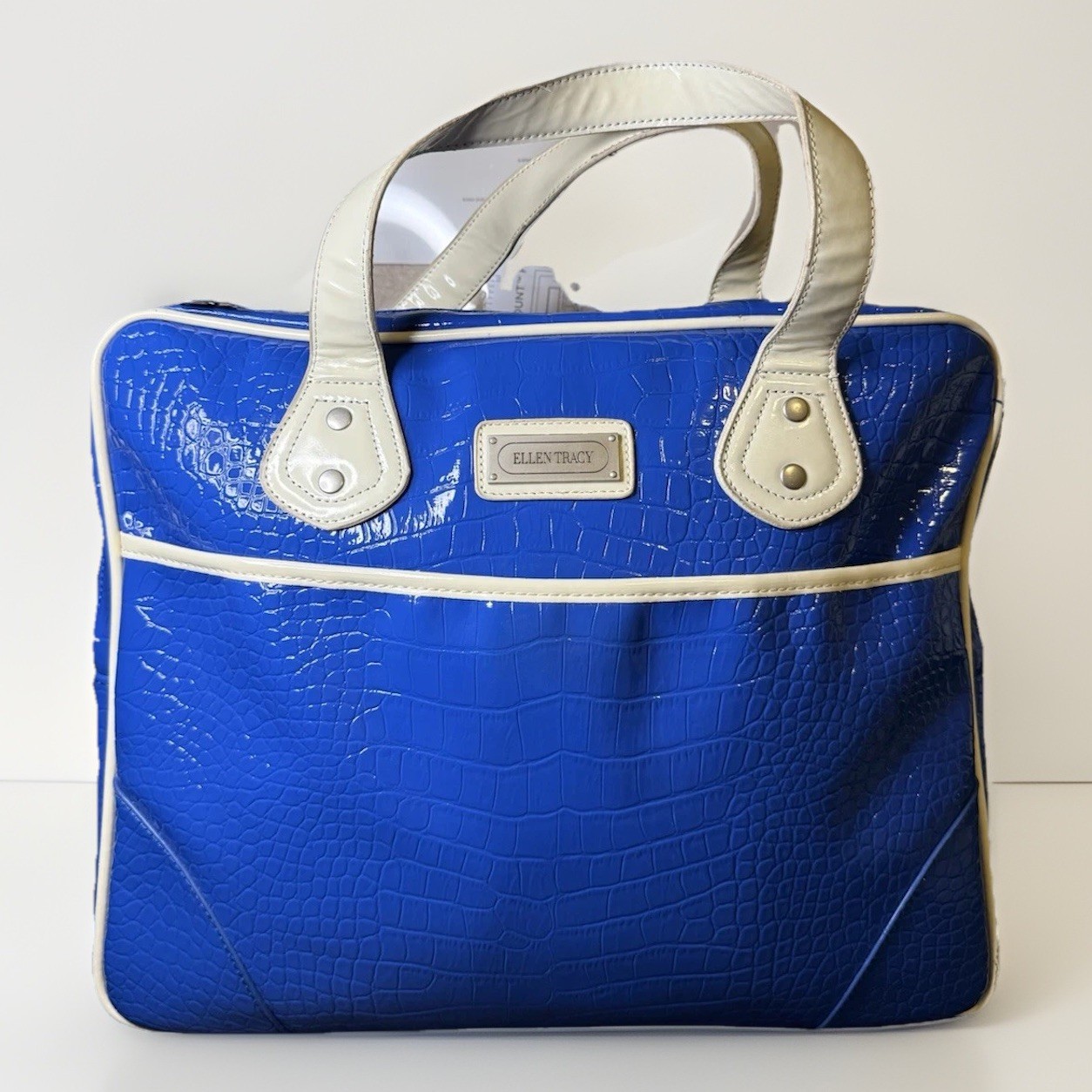 Y2K Ellen Tracy Cobalt Blue Croc Embossed Laptop Bag Tote- Silver Hardware