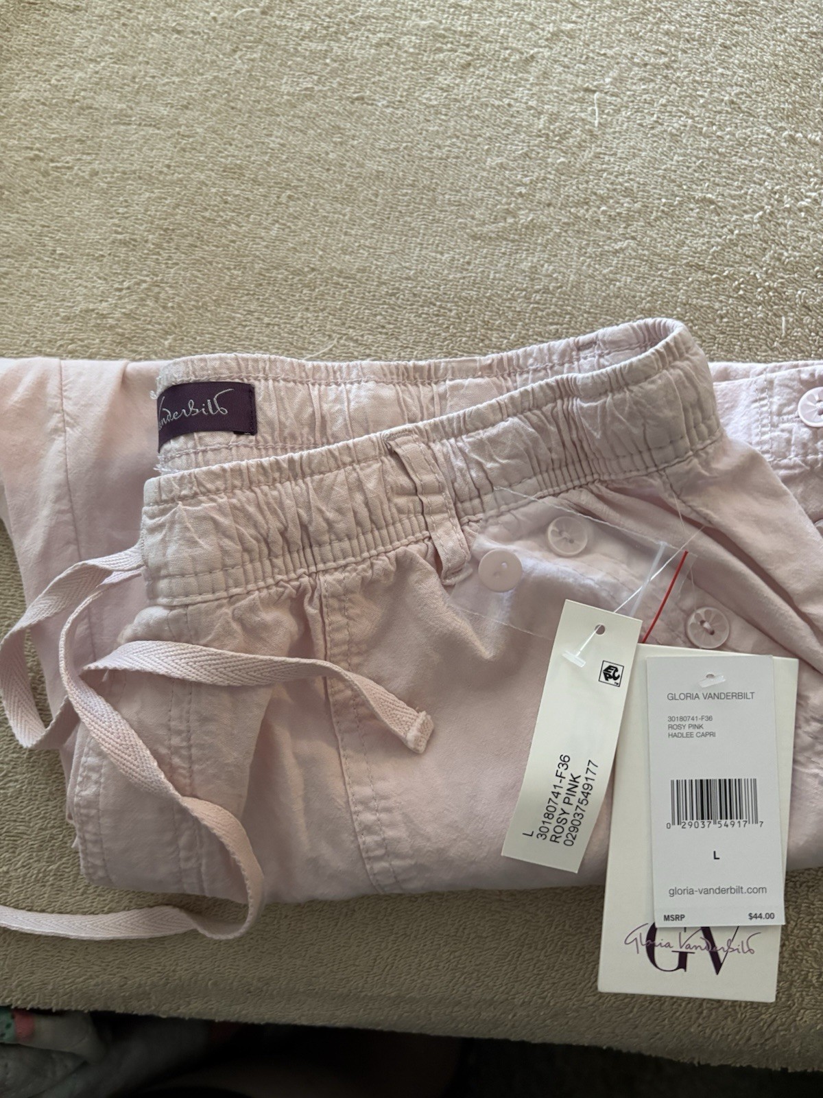 Gloria Vanderbilt RosyPink Hadlee Capri Pants L Drawstring Elastic Waist Pockets