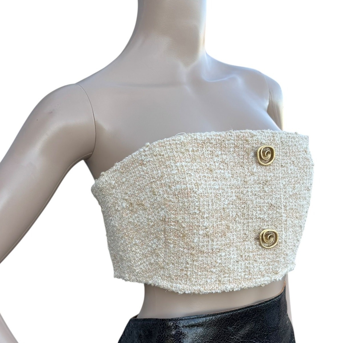 St John PF22 Boucle Knit Strapless Crop Tube Top Cream Gold Button Size L NWOT