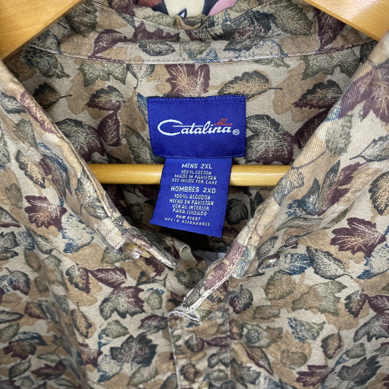 Mens 2XL Catalina Long Sleeve Button Up Shirt Leaf AOP Nature Fall Leaves Earth