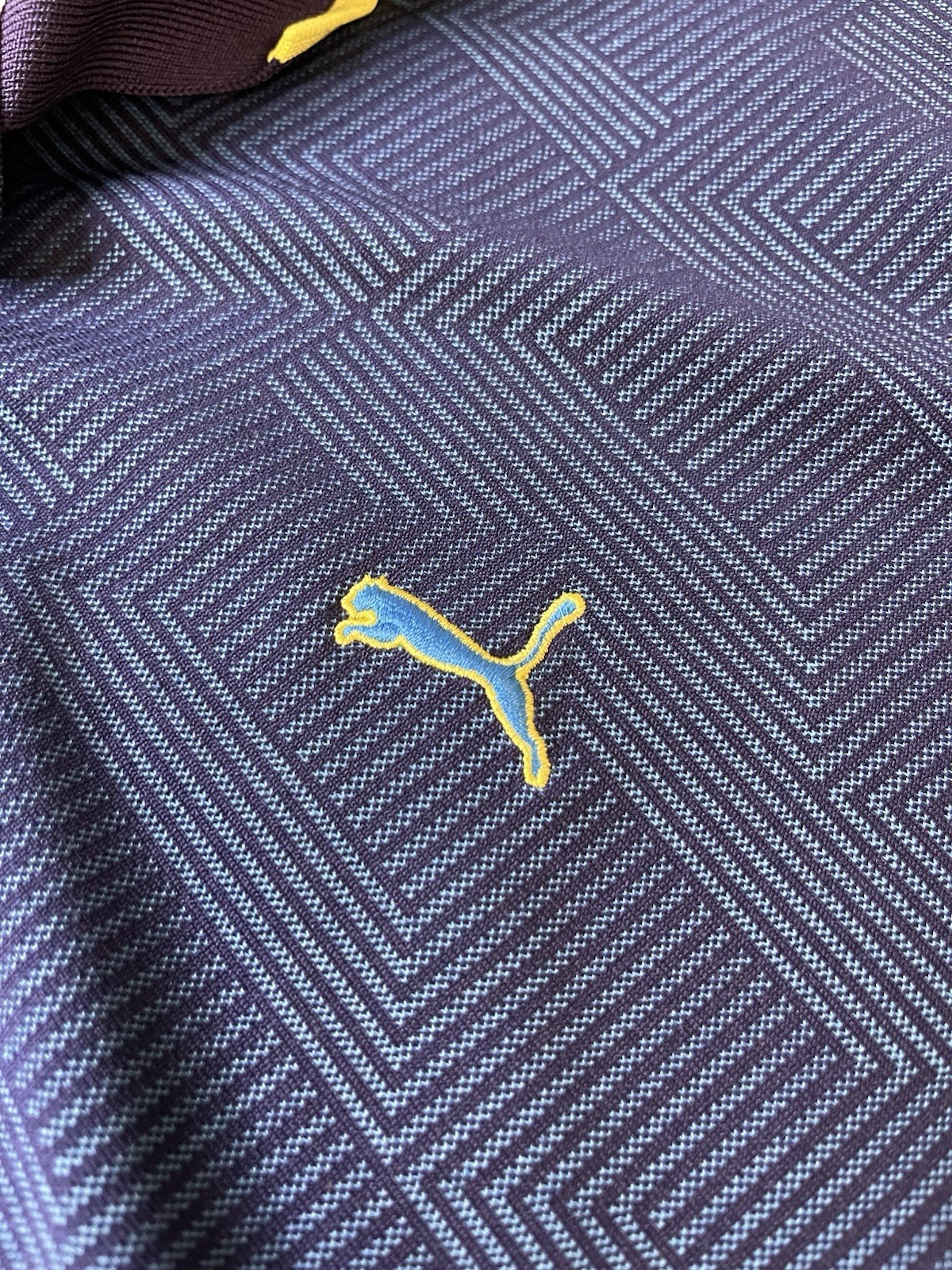 Puma Golf Cobra Men’s Geometric Polo Shirt Blue Yellow Trim Performance Large