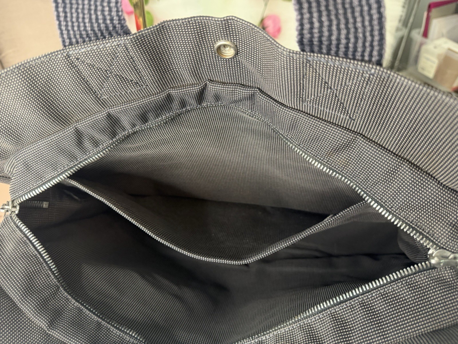 Hermes Vintage Herline MM Canvas Tote Bag Charcoal Grey