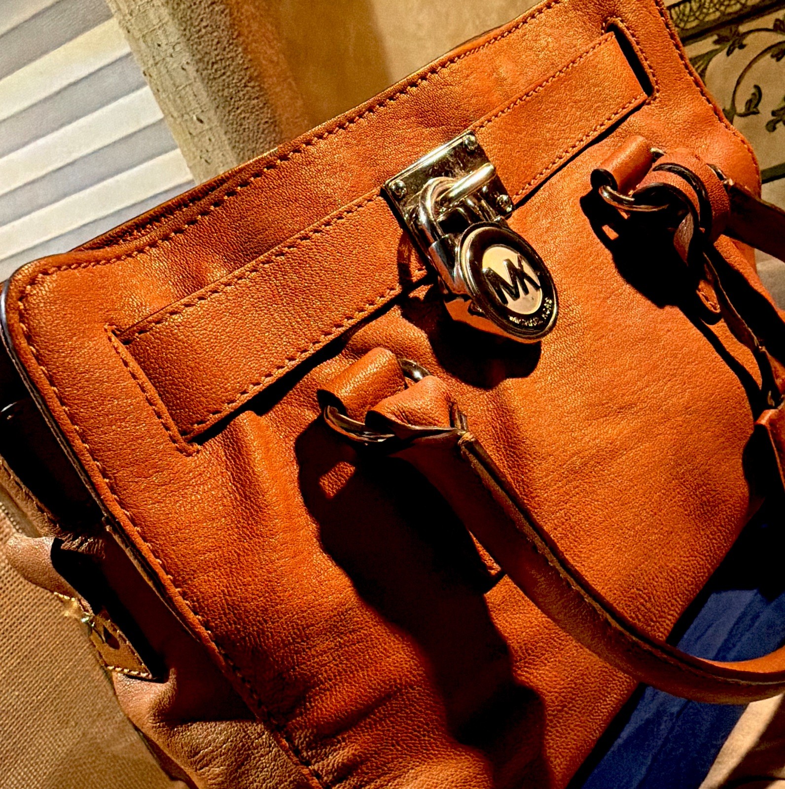 Michael Kors Brown Pebbled Satchel Turn Lock Silver Hardware Double Handles Key