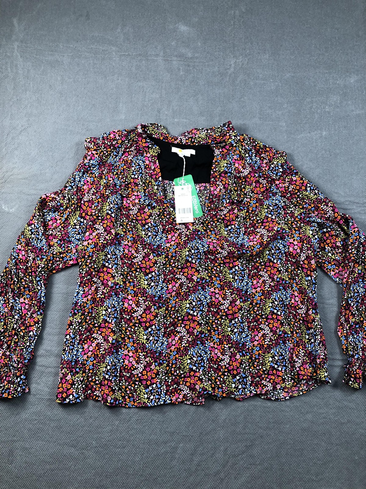 Boden Blouse Womens 14 Multicolor V Neck Long Puff Sleeve Floral Ruffle Top NWT