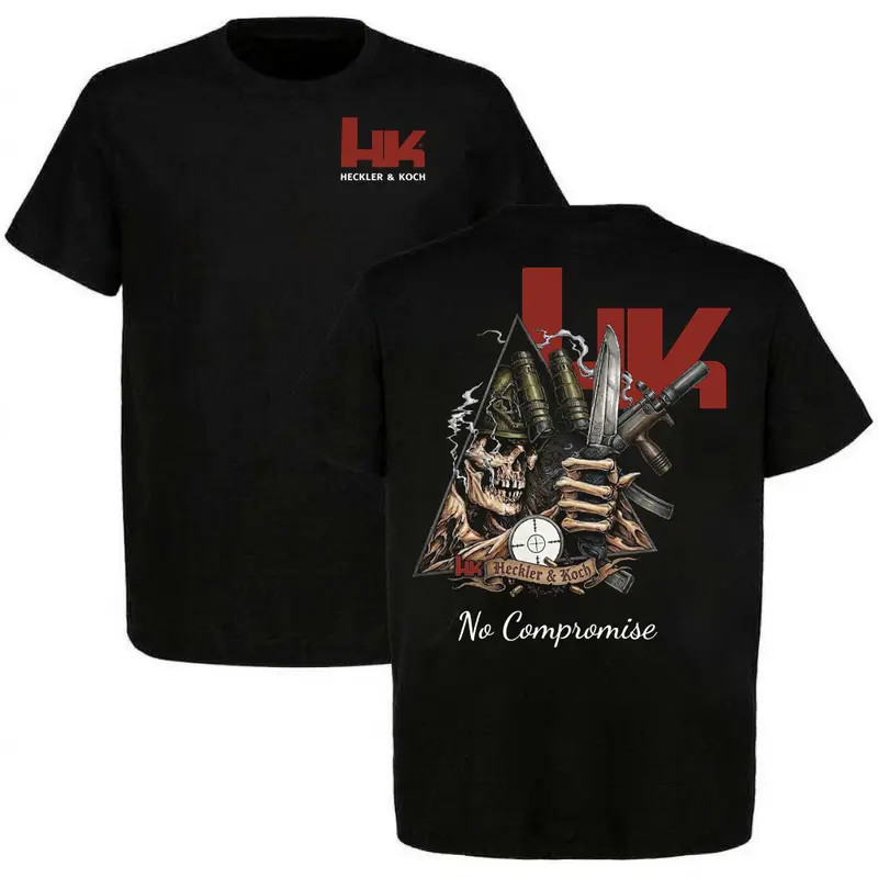 Heckler Koch HK No Compromise Tee, Skeleton Skull Knife Gun Graphic Shirt, Black