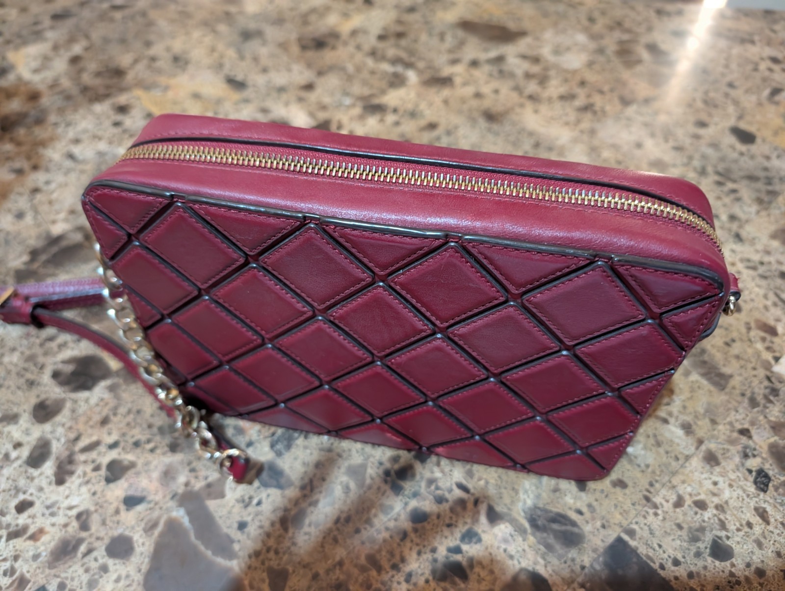 Michael Kors Burgundy Quilted Crossbody Zip Bag Gold Hardware Chain Strap