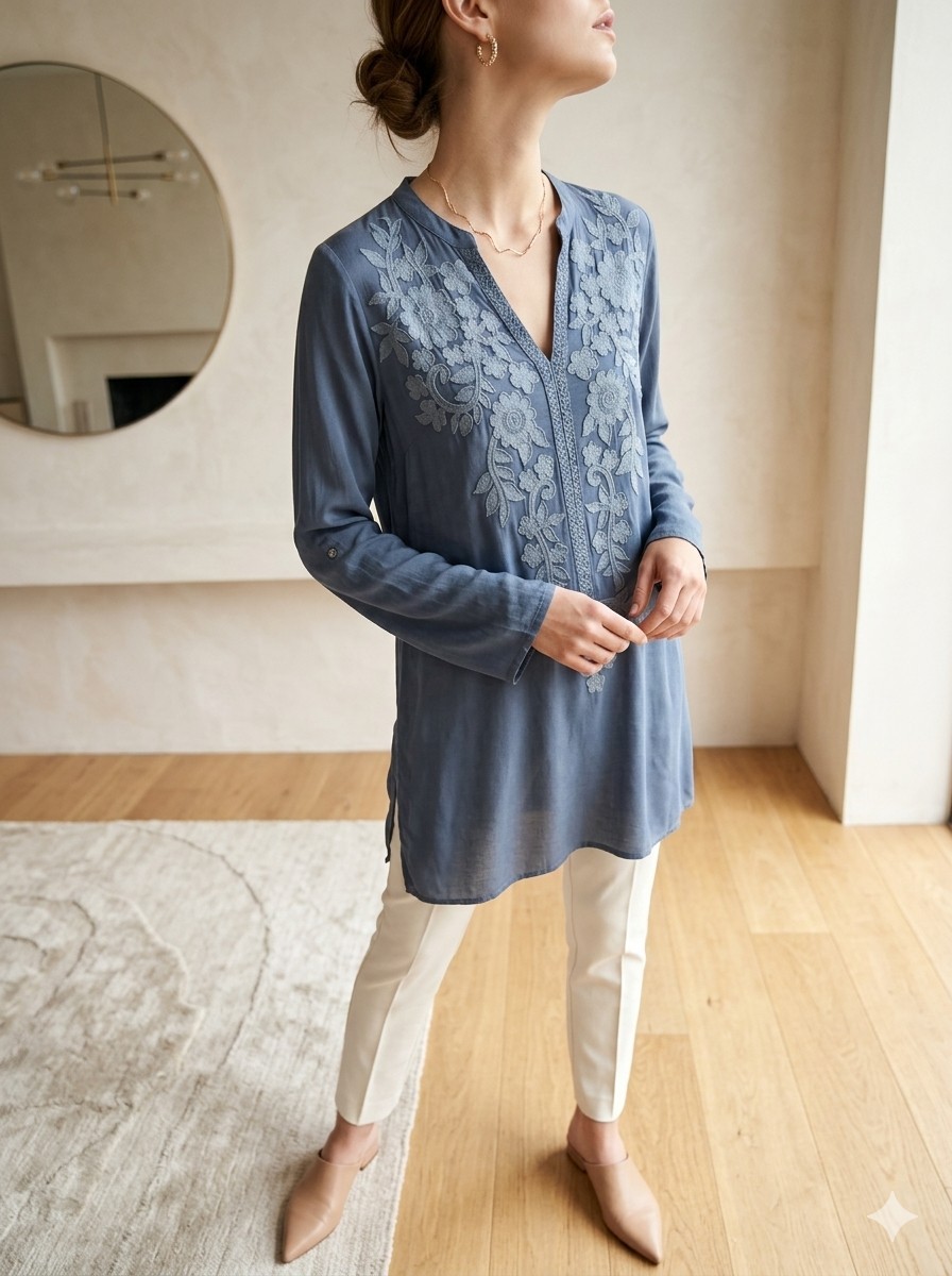 JOHNNY WAS Embroidered Boho Tunic Top, SZ M, Blue Cupra Rayon, Style C11417-7