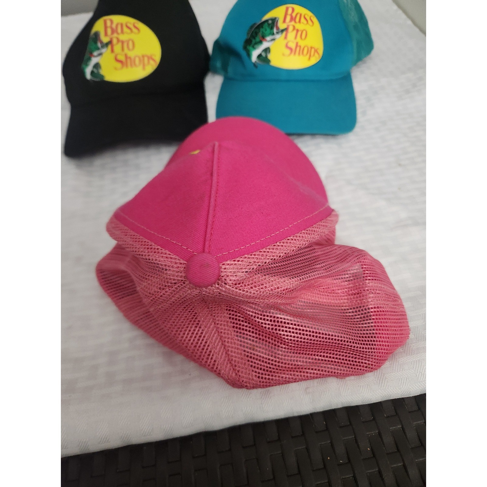 Bass Pro Shops Trucker Hat Bundle 3 Pack Black Pink Teal Mesh Snapback Caps