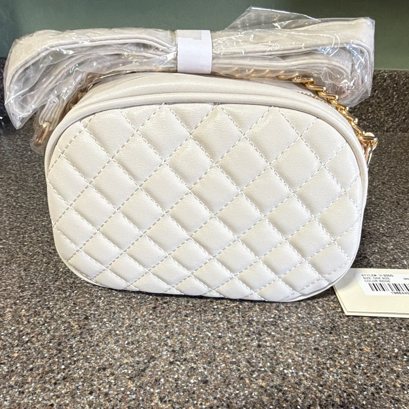 Beige Quilted Crossbody Bag Zip Closure Gold Chain Detachable Strap Logo