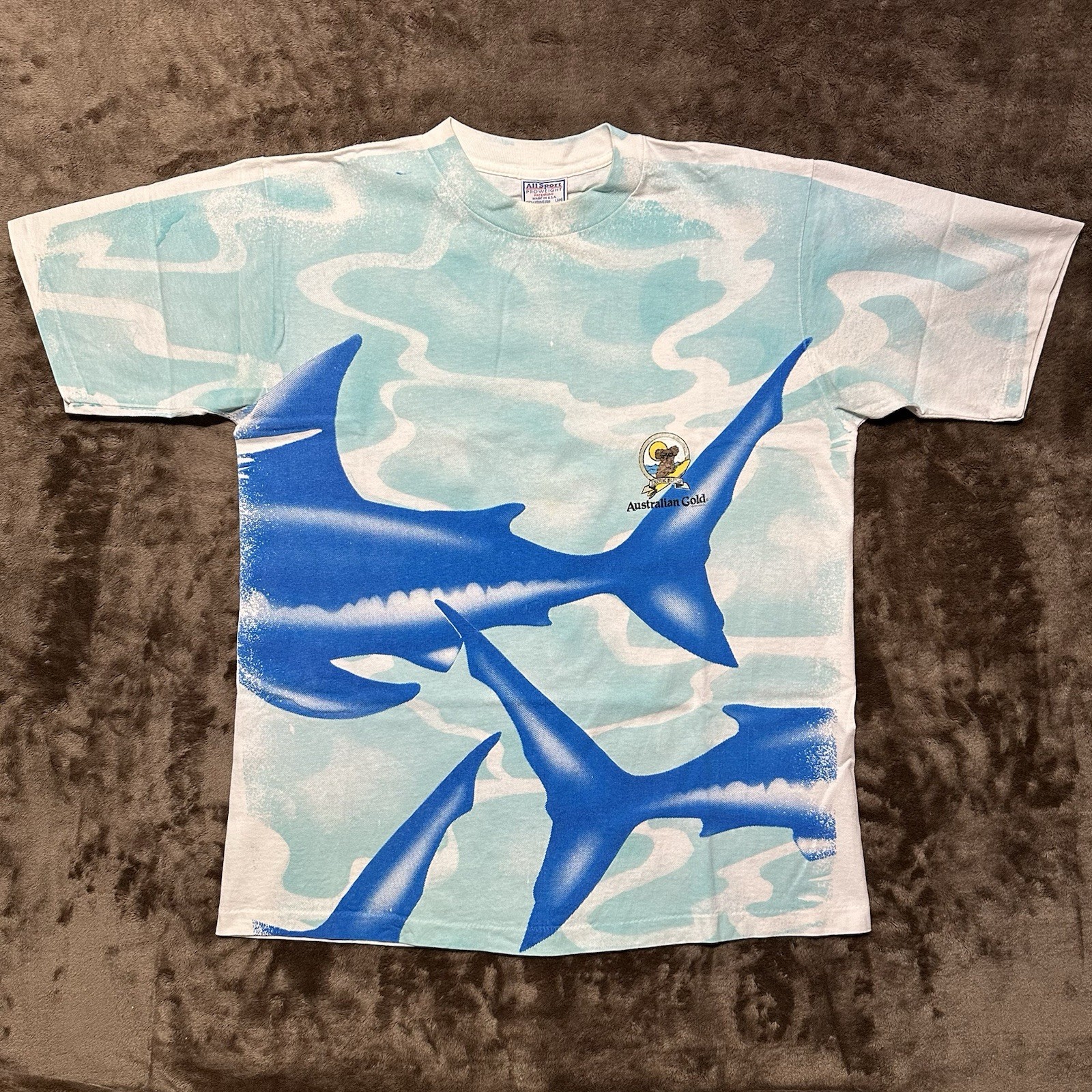 Vintage 90s Shark All Over Print Australian Gold Koala All Sport Large T-Shirt