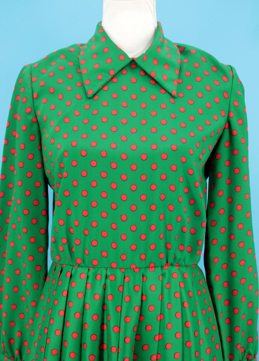 VTG 60s Green & Red Polka Dot Mod Pleated Skirt Dress Sz M 1960s Carlye