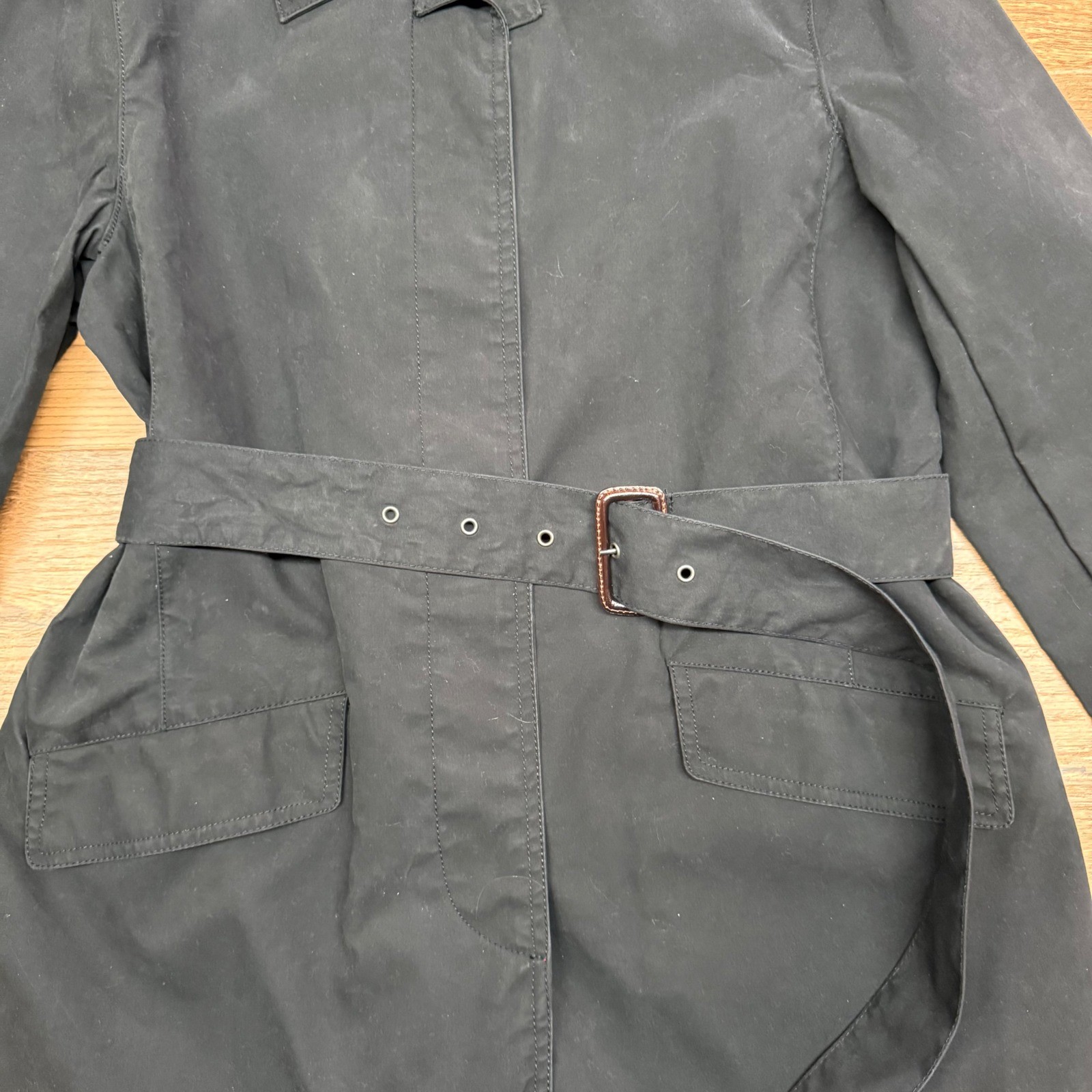 GAP Y2K Womens L Black Belted Trench Coat Midi Duster Cotton Canvas Utilitarian