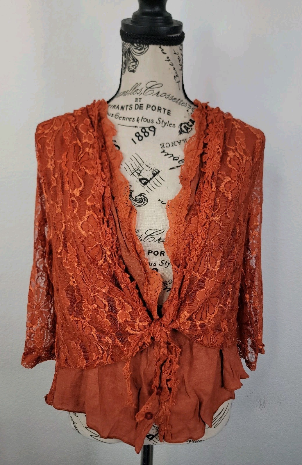 NWT Pretty Angel Top Sz Medium Lace Overlaid Semi Sheer Orange Rust Boho Sheer