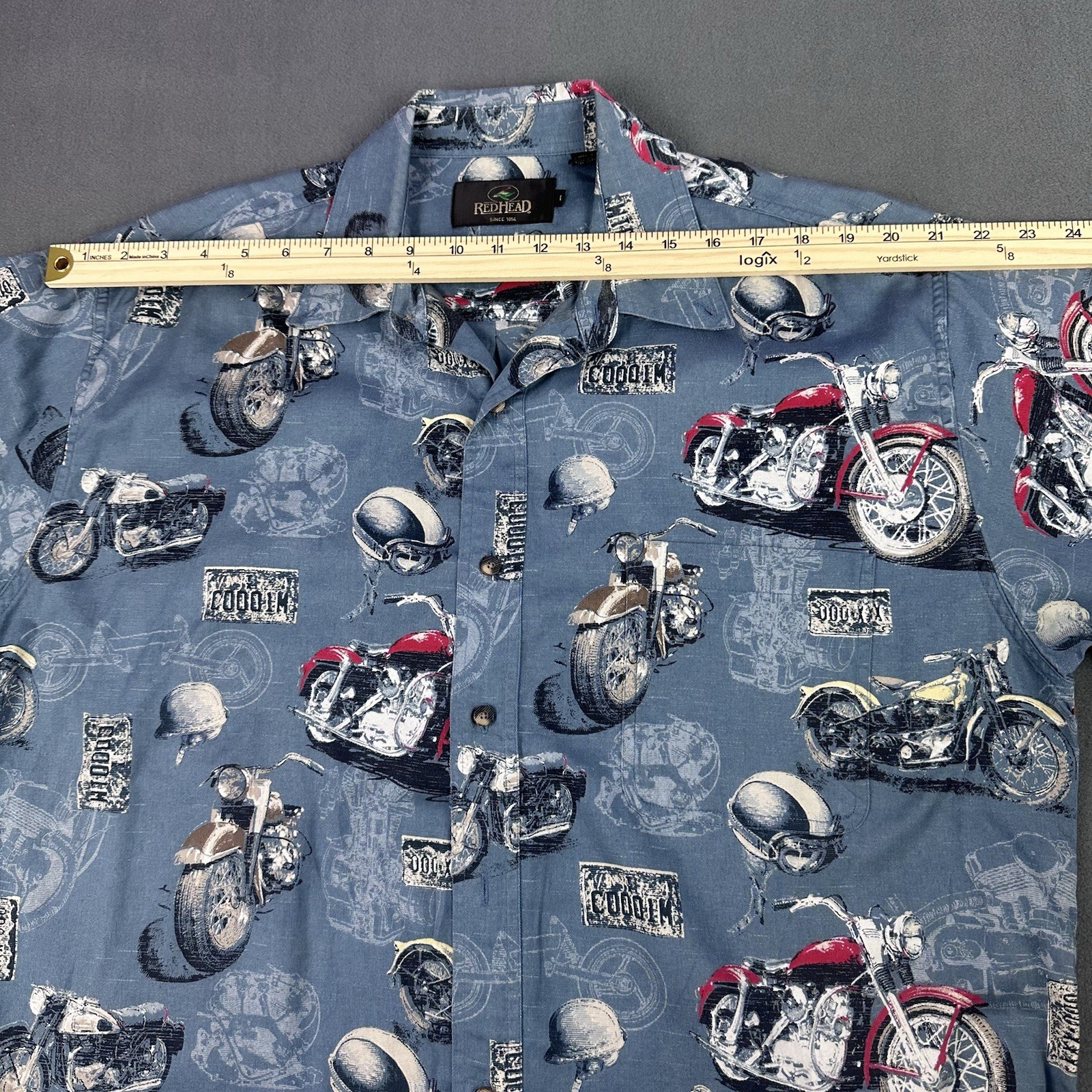 Redhead Motorcycle Camp Shirt Slate Blue Novelty Print Cotton Preowned
