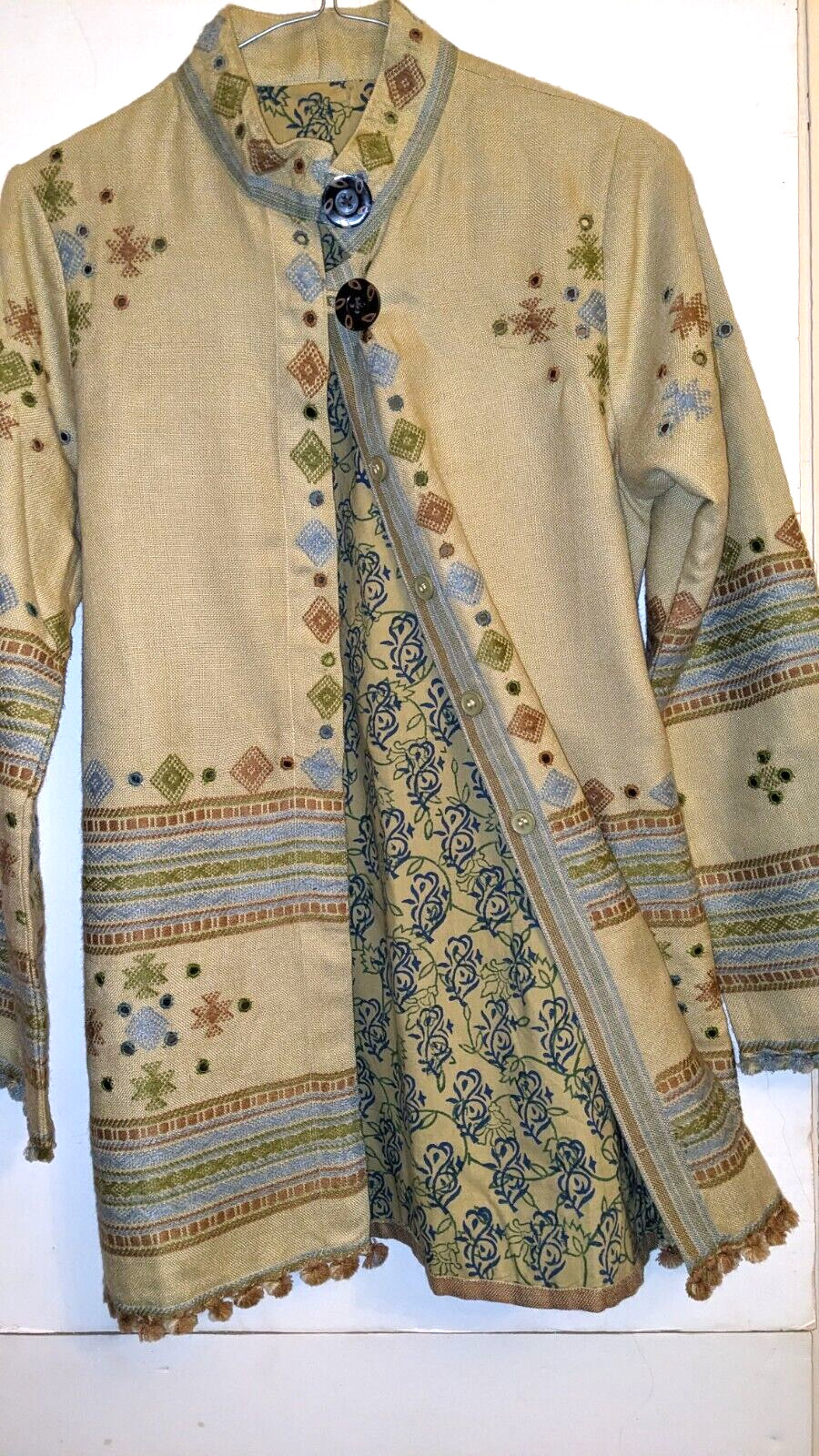 Vtg BOHO-Festival Jacket, Handwoven fabric, Mirror embroidered, lined, size M