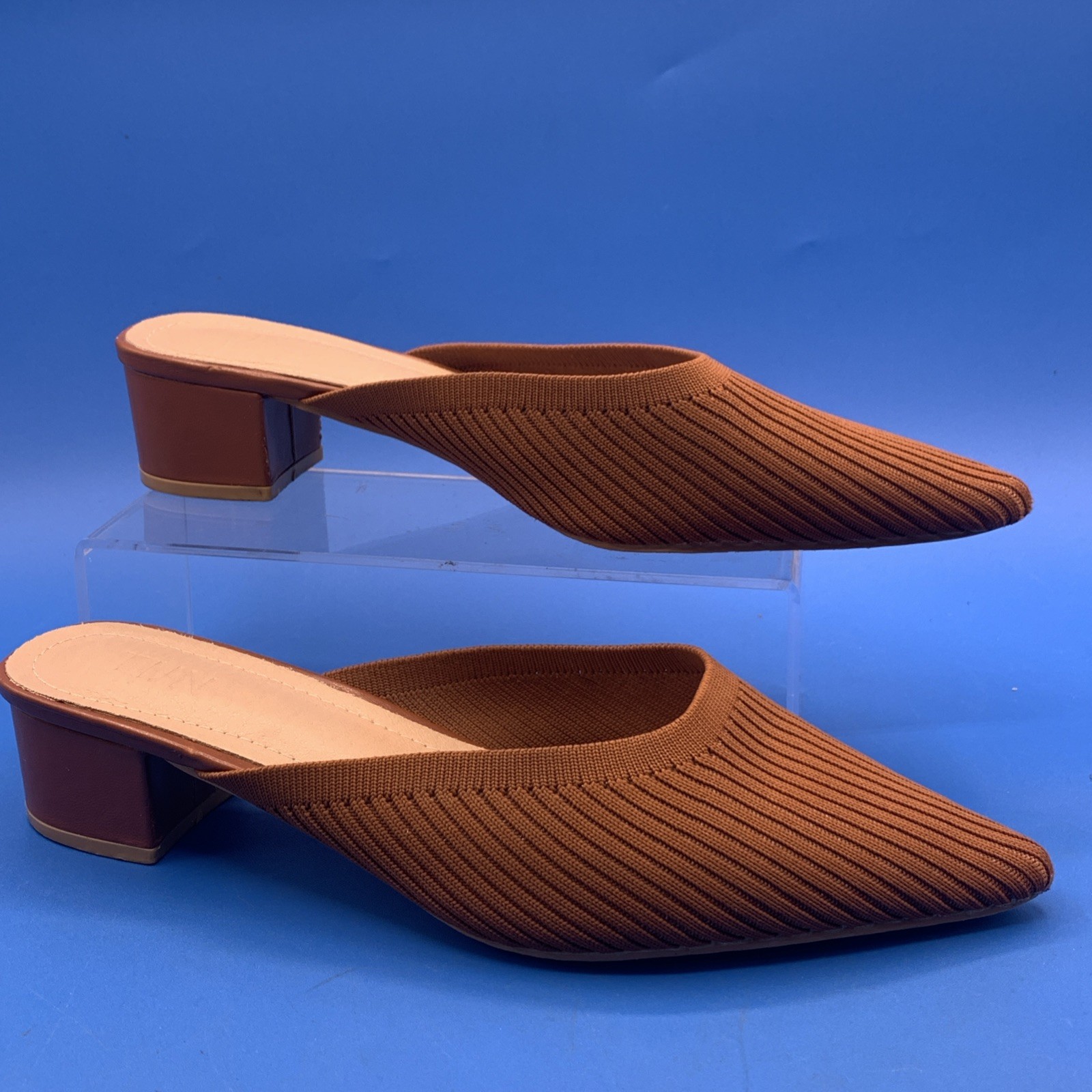 TIJN Women’s Size 10 Helka Brown Ribbed Fabric Slip On Mule Shoes Block Heels