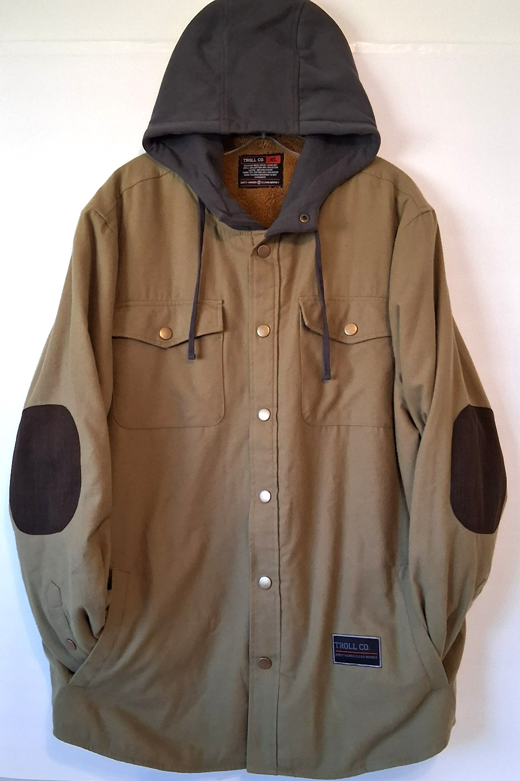 Troll Co Canvas Chore Coat Barn Jacket Mens XL Elbow Patches Lined Green Hooded