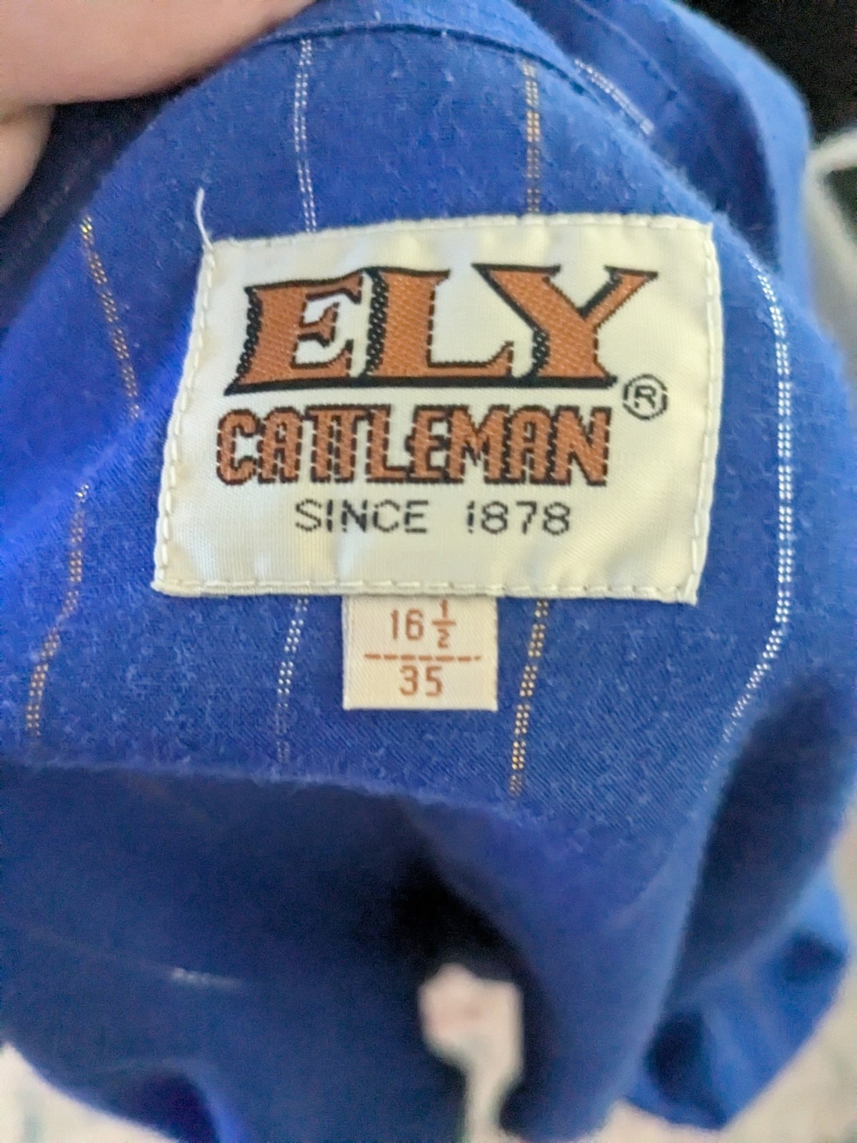 Vtg 80s Ely Cattleman Western Shirt 16.5 35 Blue Gold Lurex Metallic Pearl Snap