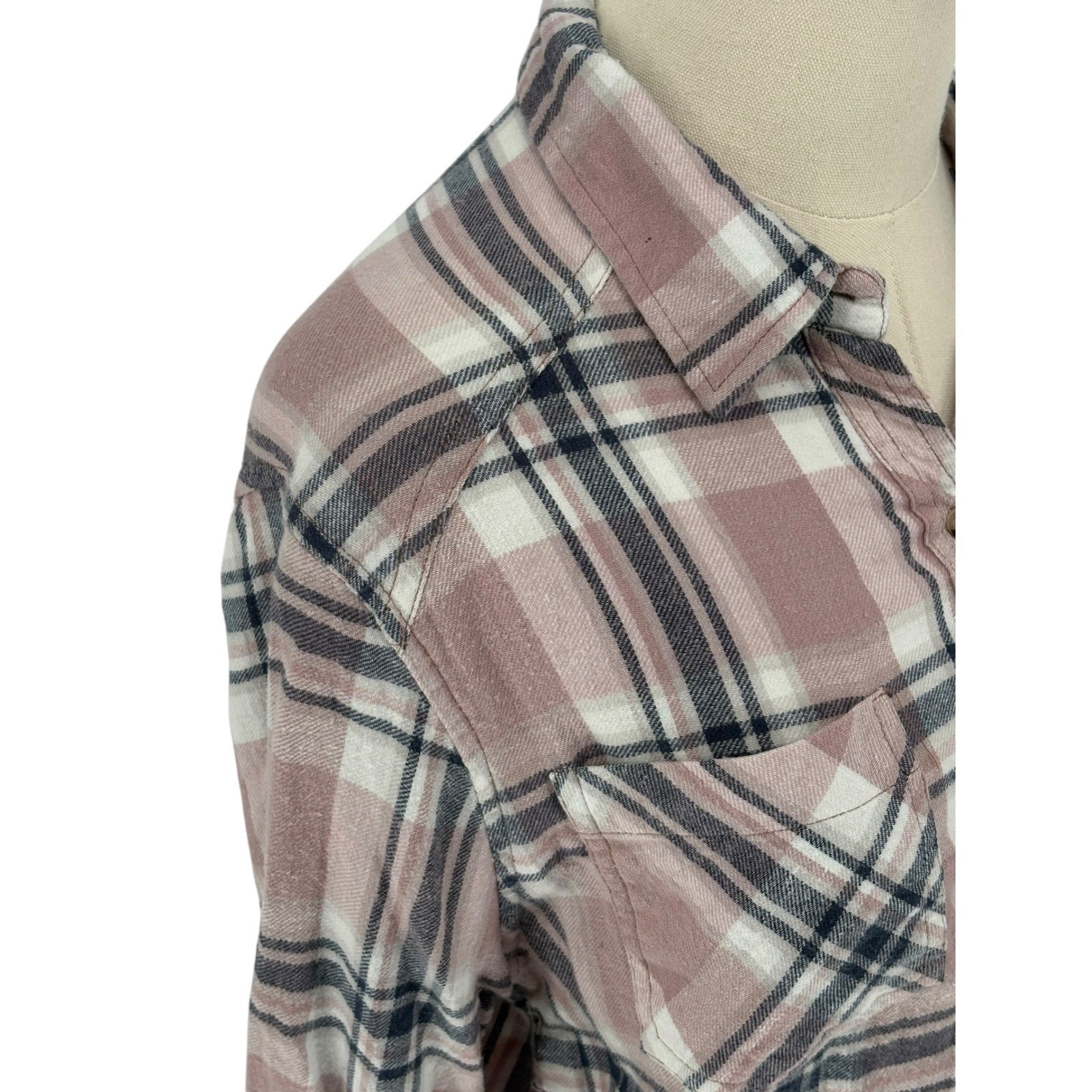 Love Notes Button Down Shirt Mauve Pink Plaid 100% Cotton Large