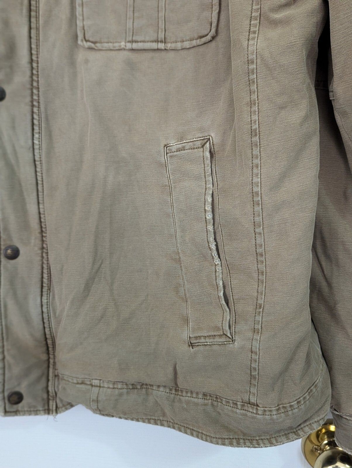 Levis Utility Jacket Mens XXL Beige Canvas Zip Snap Quilted Lined Distressed