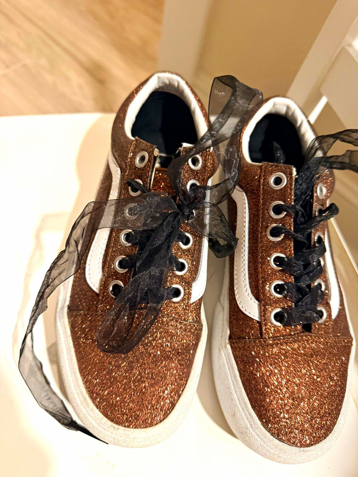 VANS Old Skool Unisex Kids Sneaker US 3.5 Brown Glitter Low Top Lace-Up platform