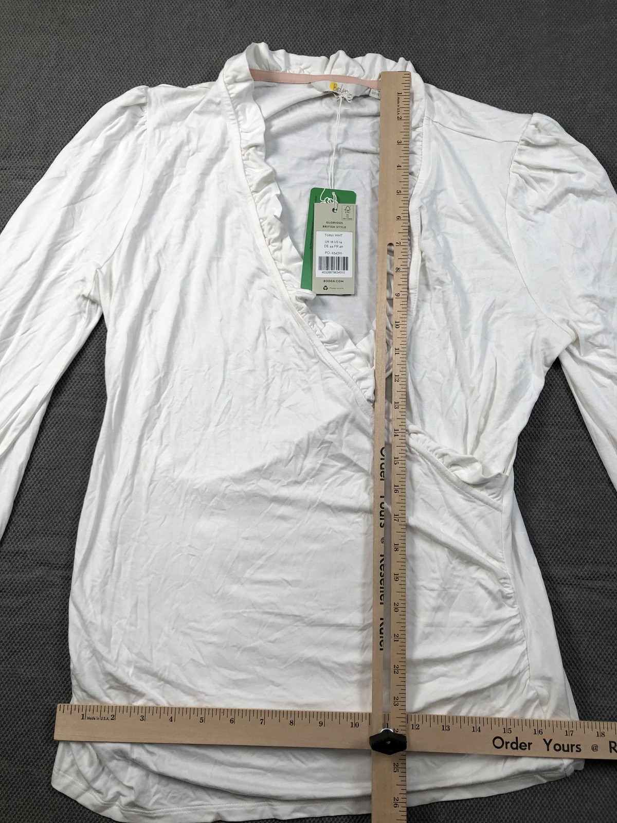Boden Blouse Womens 14 White V Neck Long Puff Sleeve Ruffle Jersey Top NWT