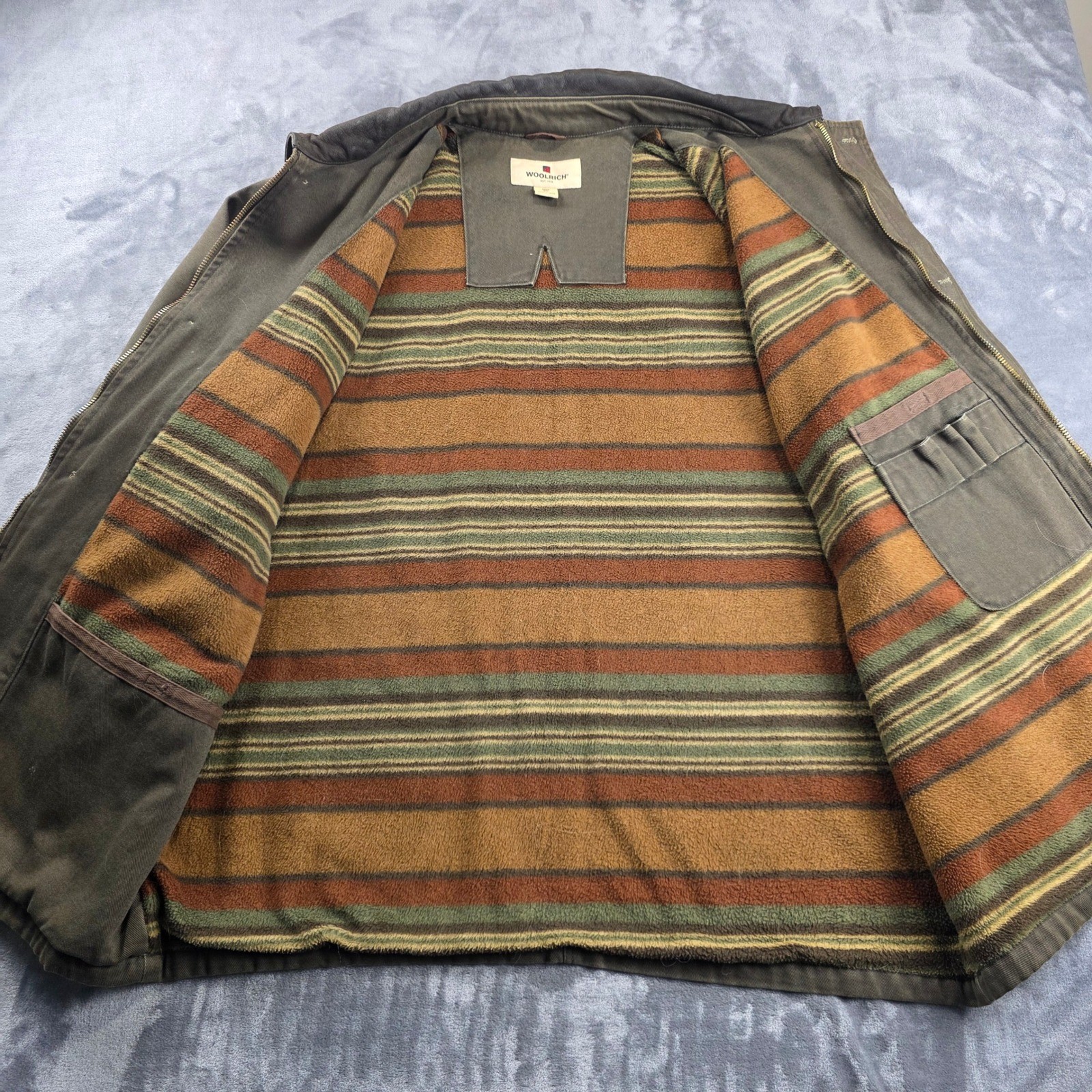 Woolrich Field Jacket Mens 2XL Olive Canvas Barn Chore Fleece Lined Leather Trim
