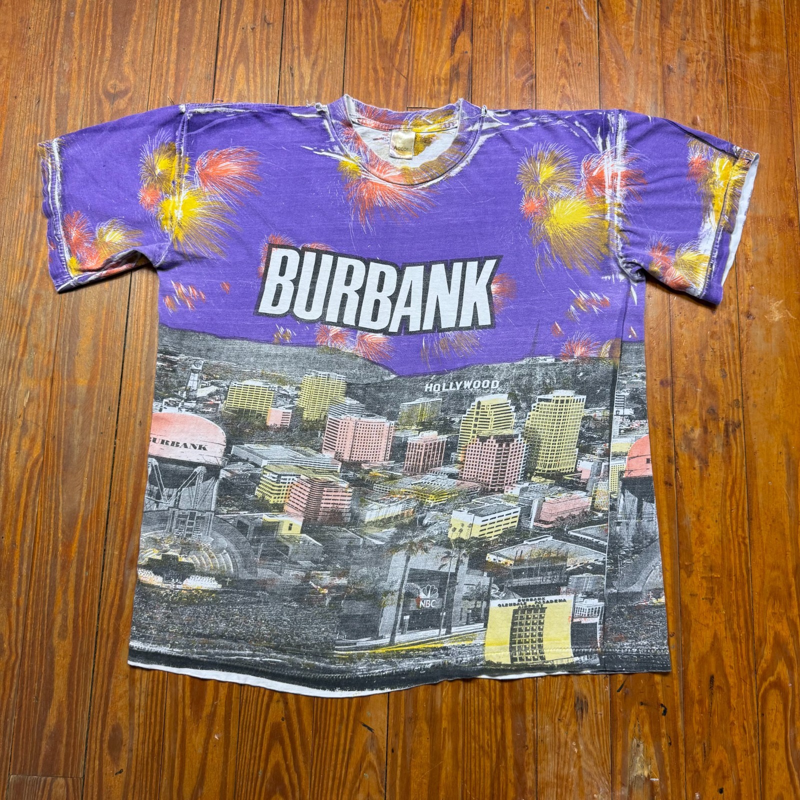 Vintage Burbank California All Over Print Shirt Mens Size XL Purple 90s