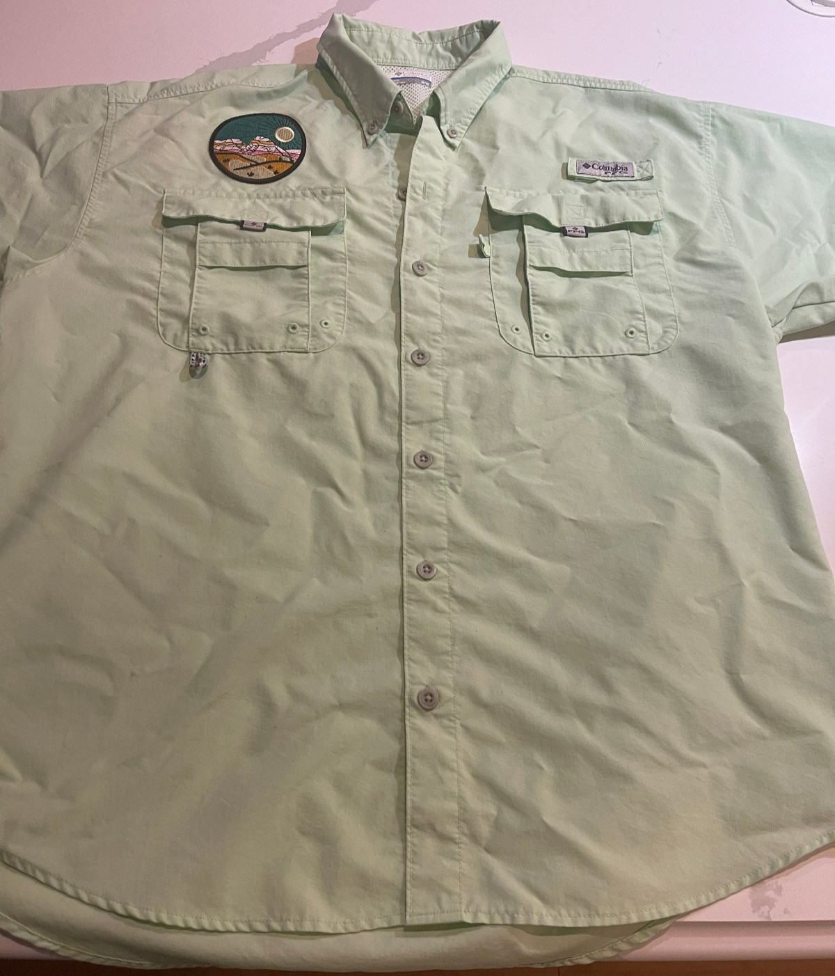 DESIGNER COLUMBIA SPORTSWEAR COMPANY OMNI-SHIELD GREEN FISHING SHIRT MENS MEDIUM