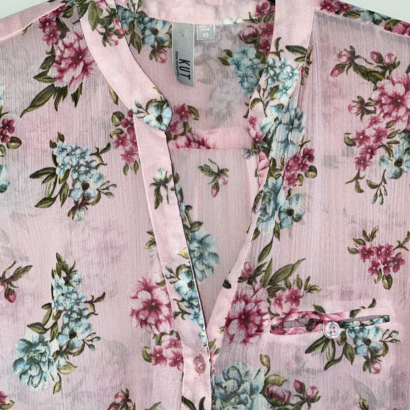 KUT FROM THE CLOTH Blouse Top Womens XS Floral Button Gauzy Roll Tab Cottage