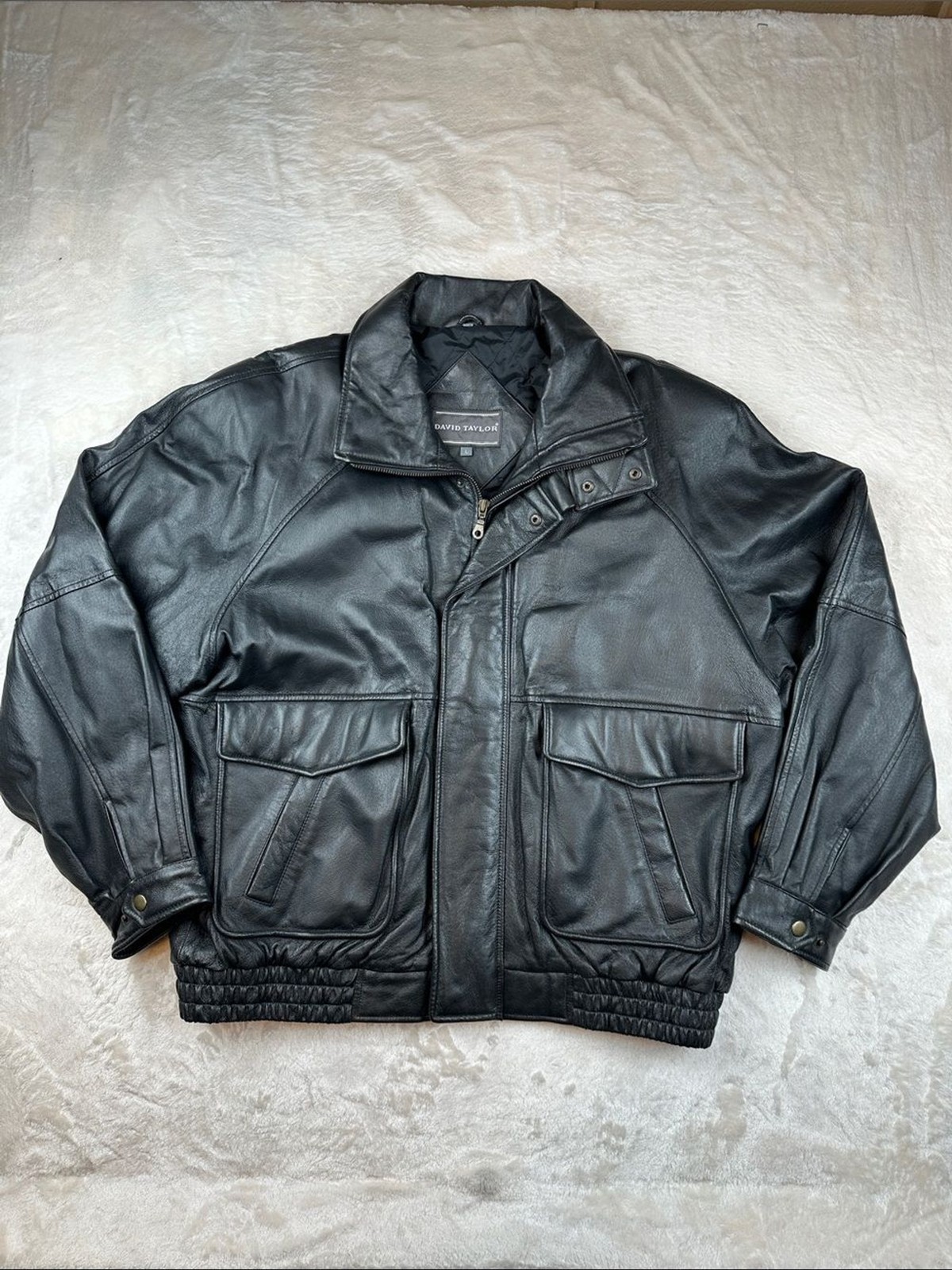 David Taylor Genuine Leather Bomber Jacket Black Men’s Large L Insulated | Biker