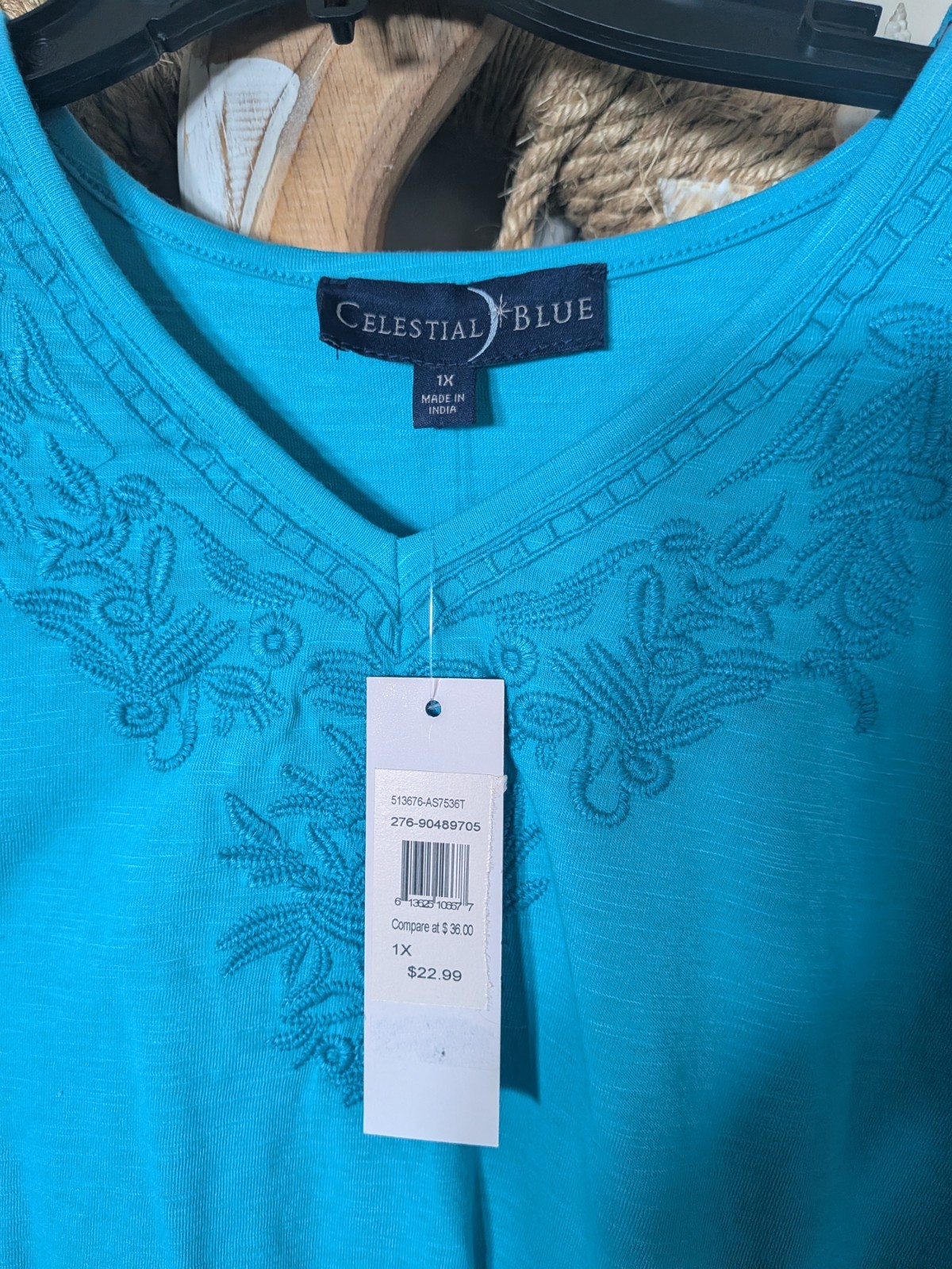 Celestial Blue 1X SS Emerald Blue Everyday Top Emb. Neckline Ladies New w/Tags