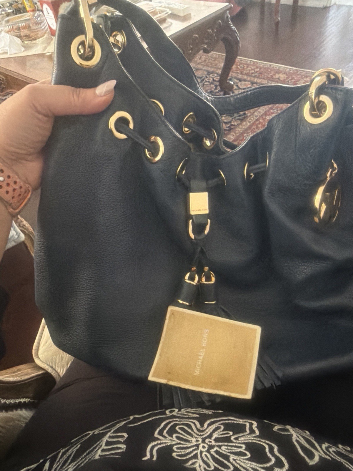 Michael Kors Blue Pebbled Leather Camden Satchel Gold Accents Leather Tassels